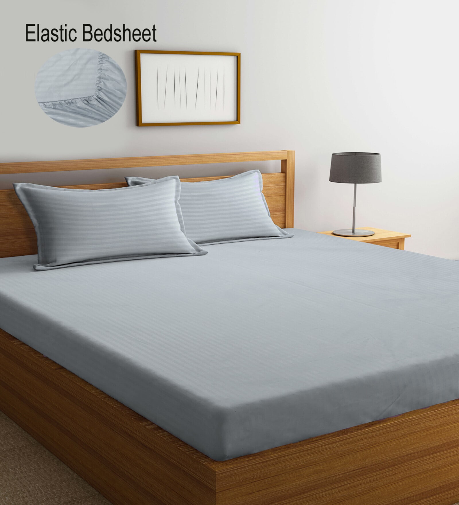 Grey Striped 300 TC Cotton Blend Double Bedsheet with 2 Pillow covers
