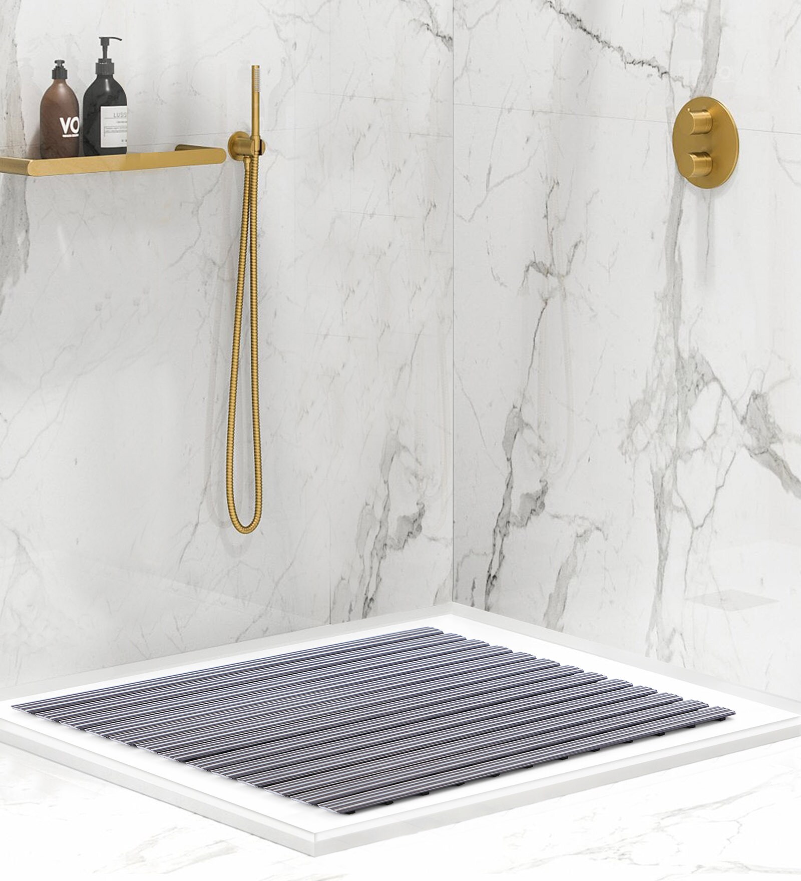 Grey Striped PVC 24x19 Inches Antiskid Shower Bath Mat