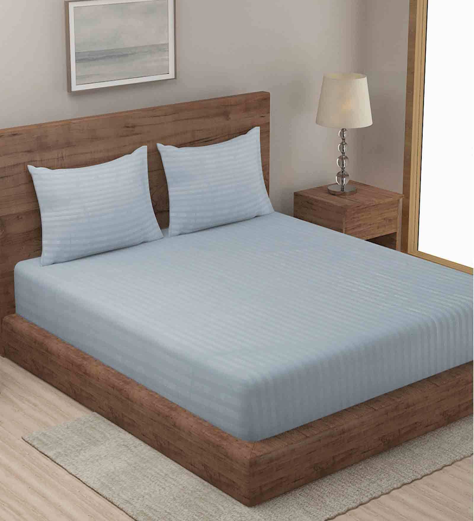 Grey Striped 210 TC Poly Cotton King Sized Bed Sheets with 2 Pillow Covers