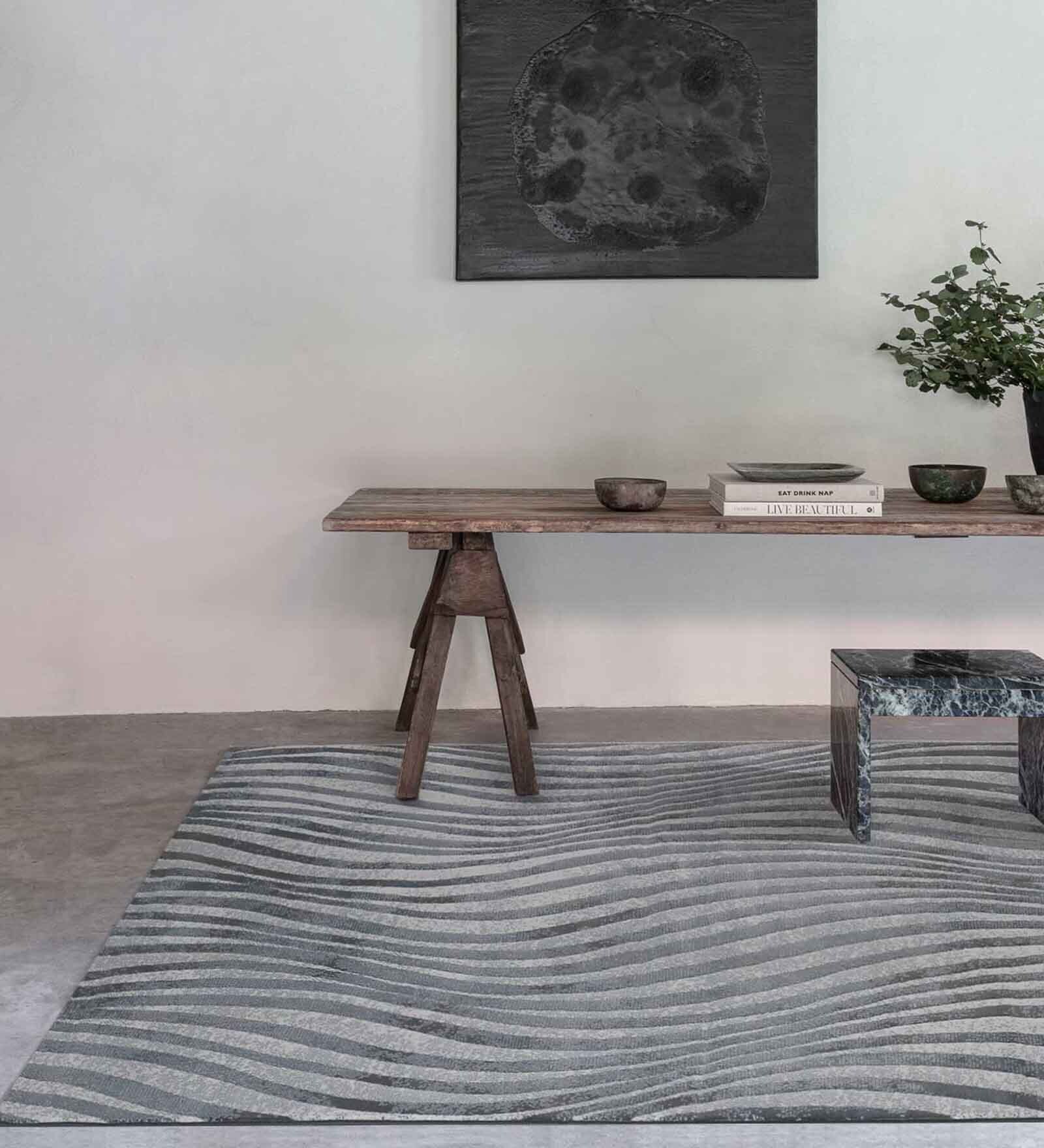 Grey Stripes Blended Linen 3 ft x 5 ft Machine Made Carpet
