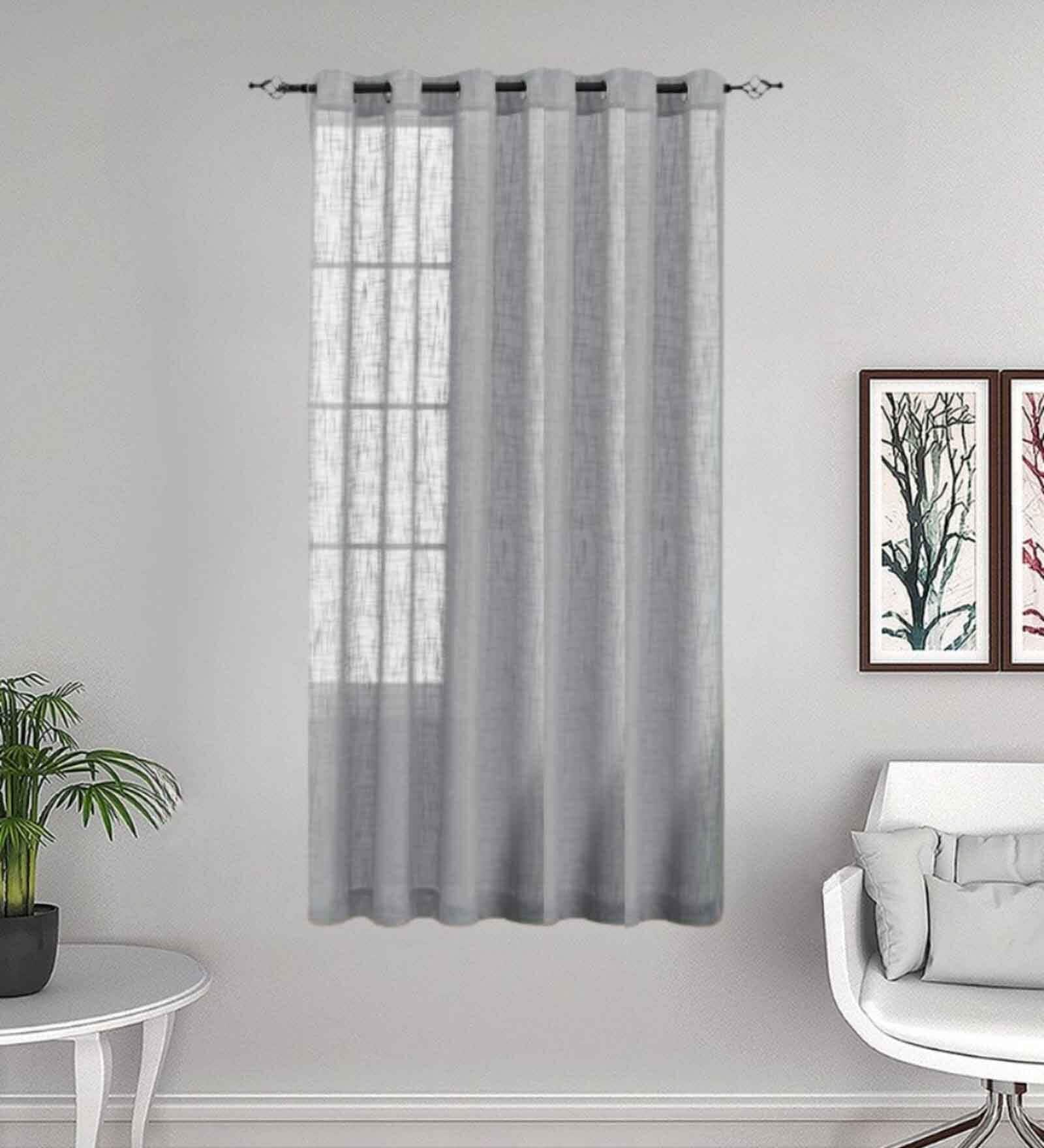Grey Stripes Linen Stripes 5ft Sheer Eyelet Window Curtain (1 Pc)