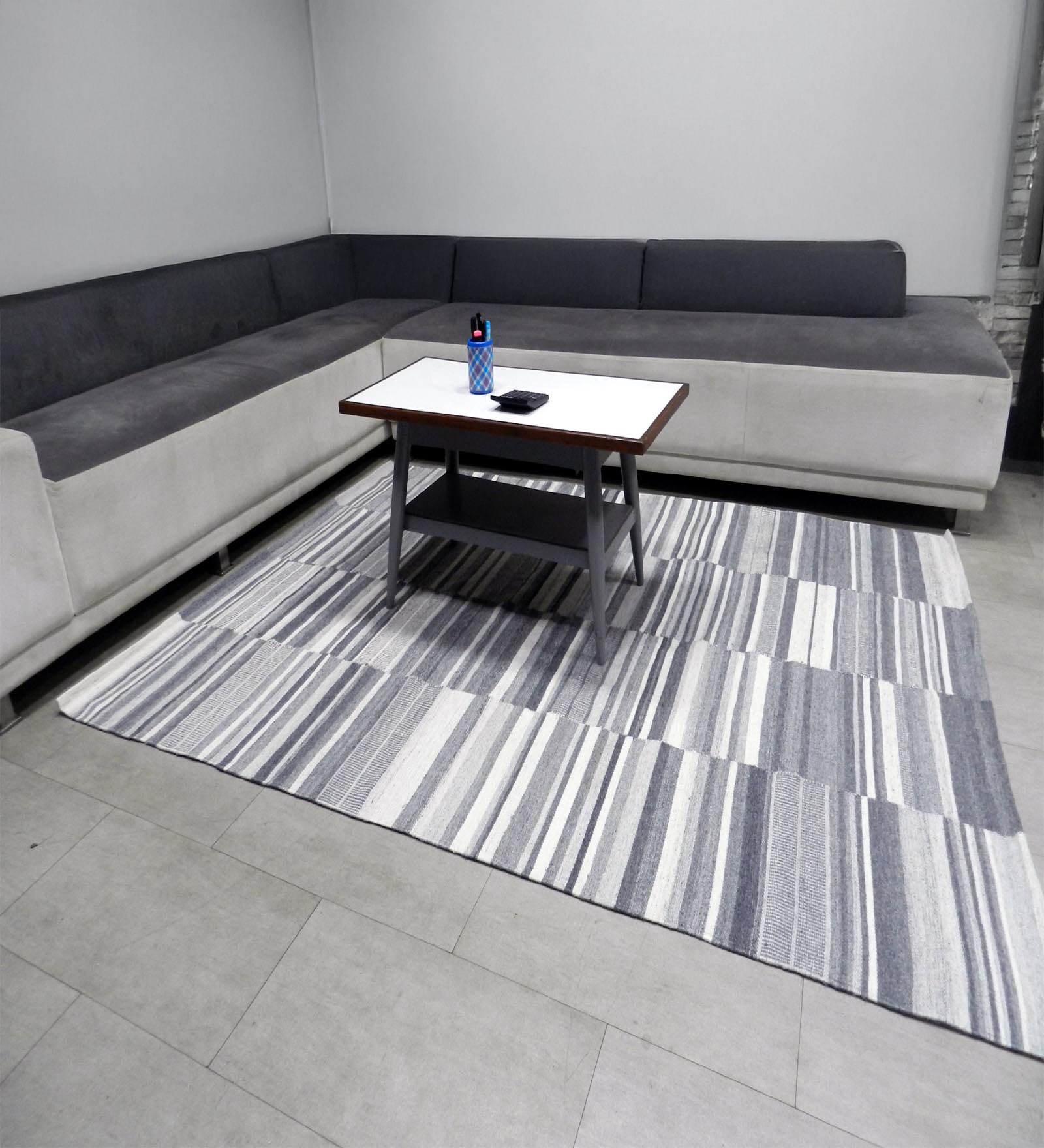 Grey Stripes Wool 7X6 Feet Hand Woven Carpet
