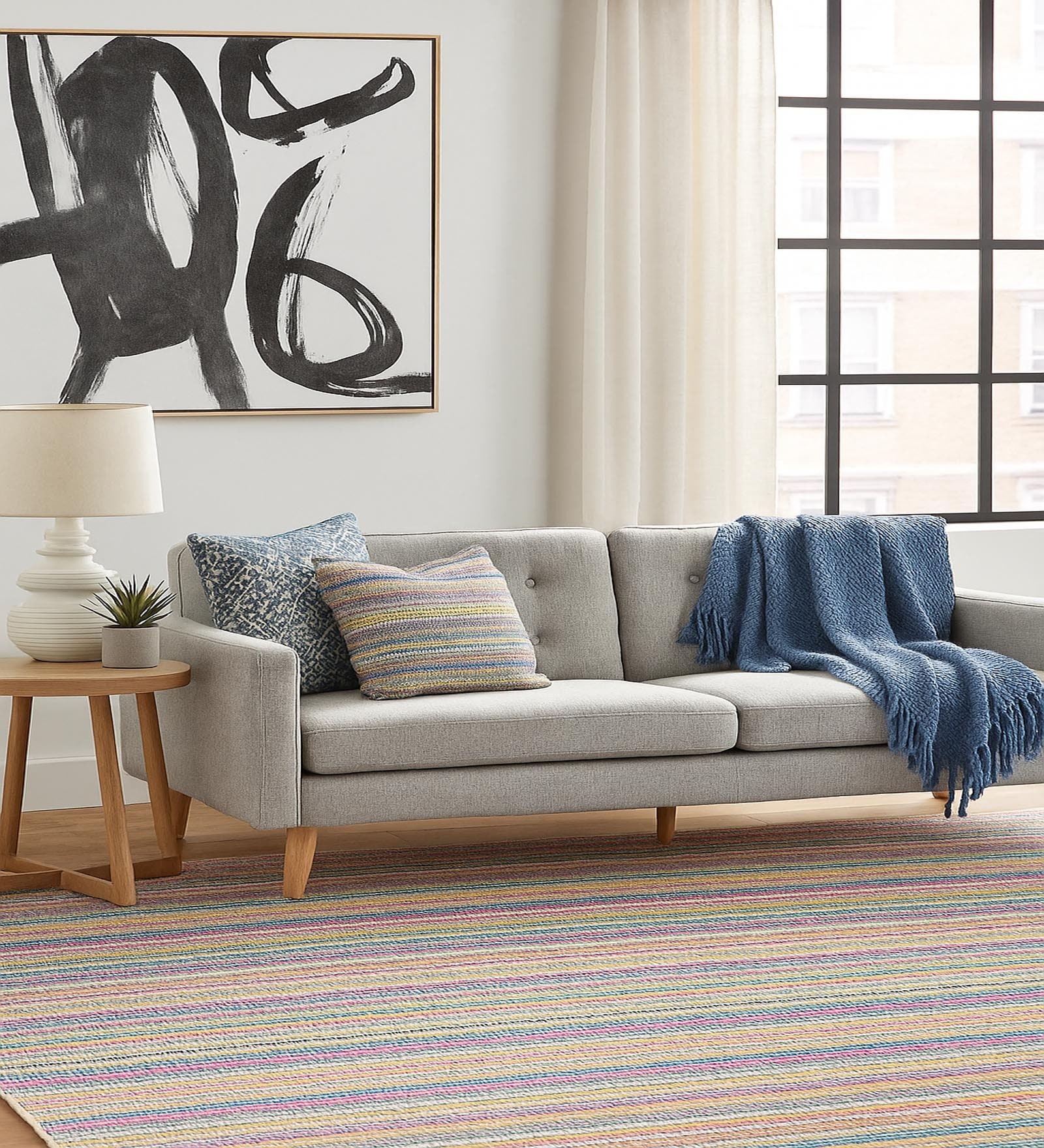 Grey Stripes Wool 8X5 Feet Hand Woven Carpet