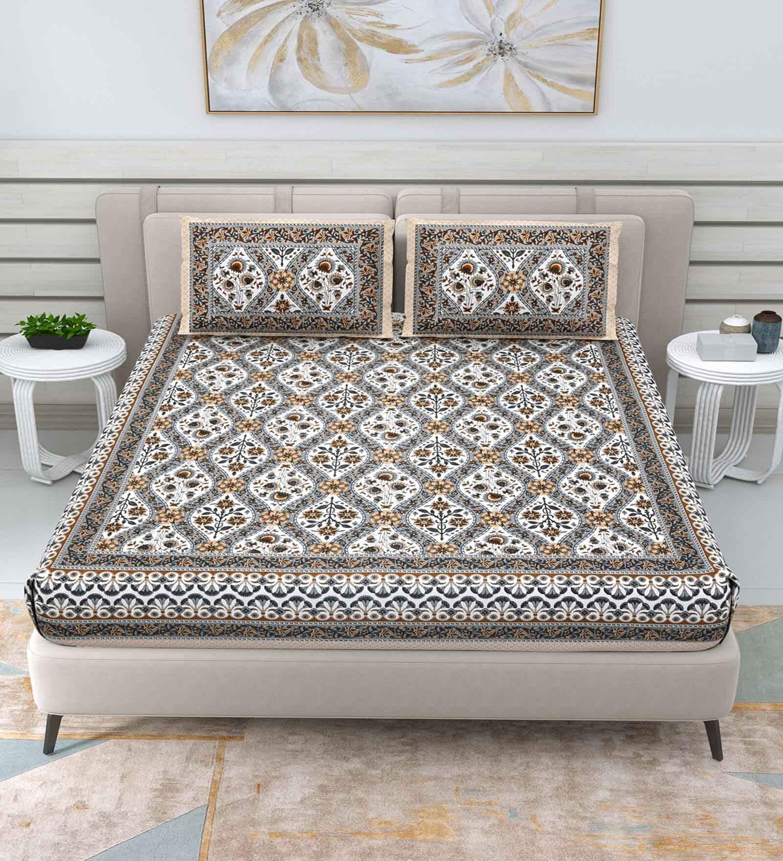 Grey Traditional 144 TC Cotton Double Queen Bedsheet With 2 Pillow Covers