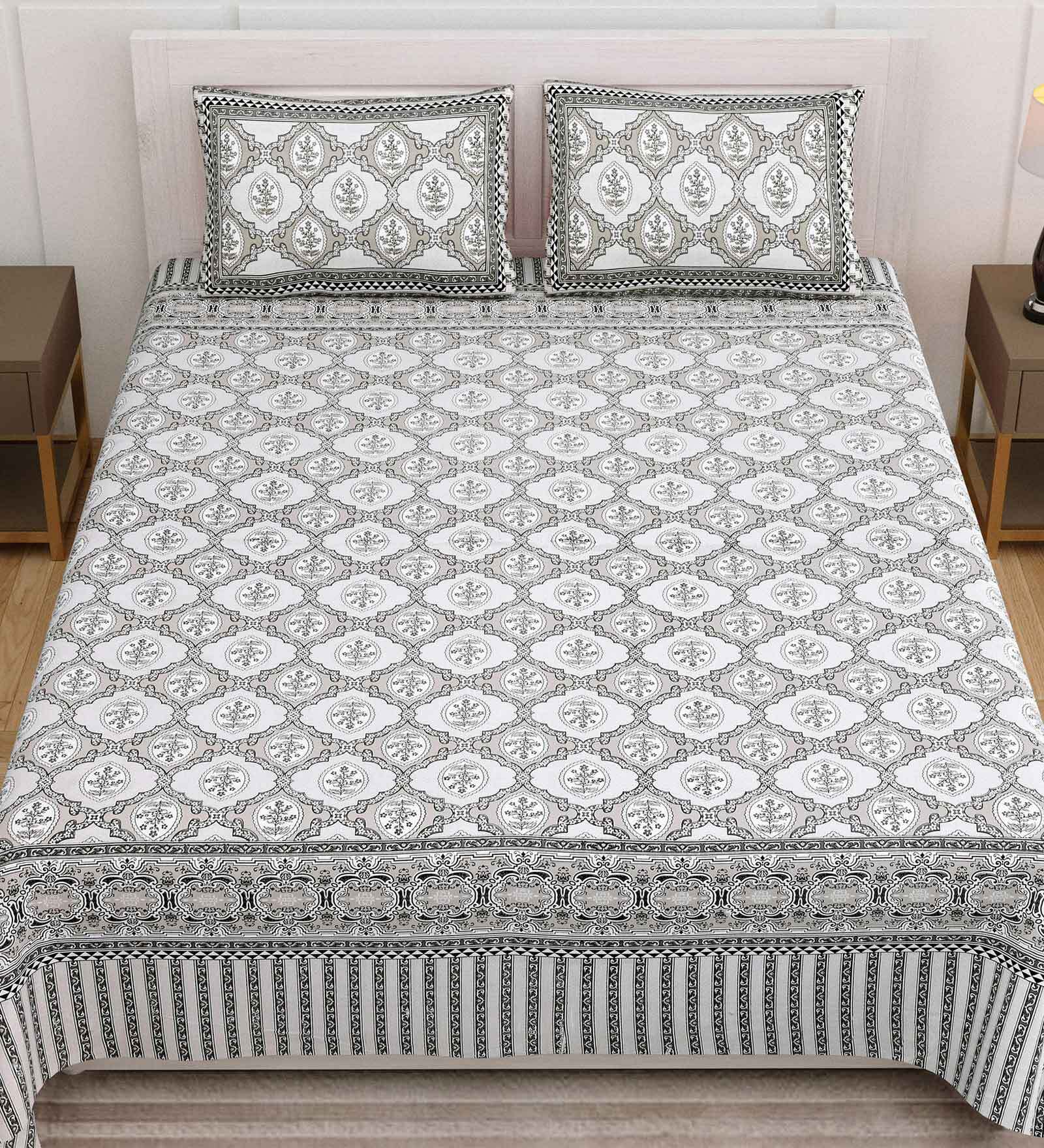 Buy Grey Traditional 144 TC Cotton King Sized Bed Sheets with 2 Pillow