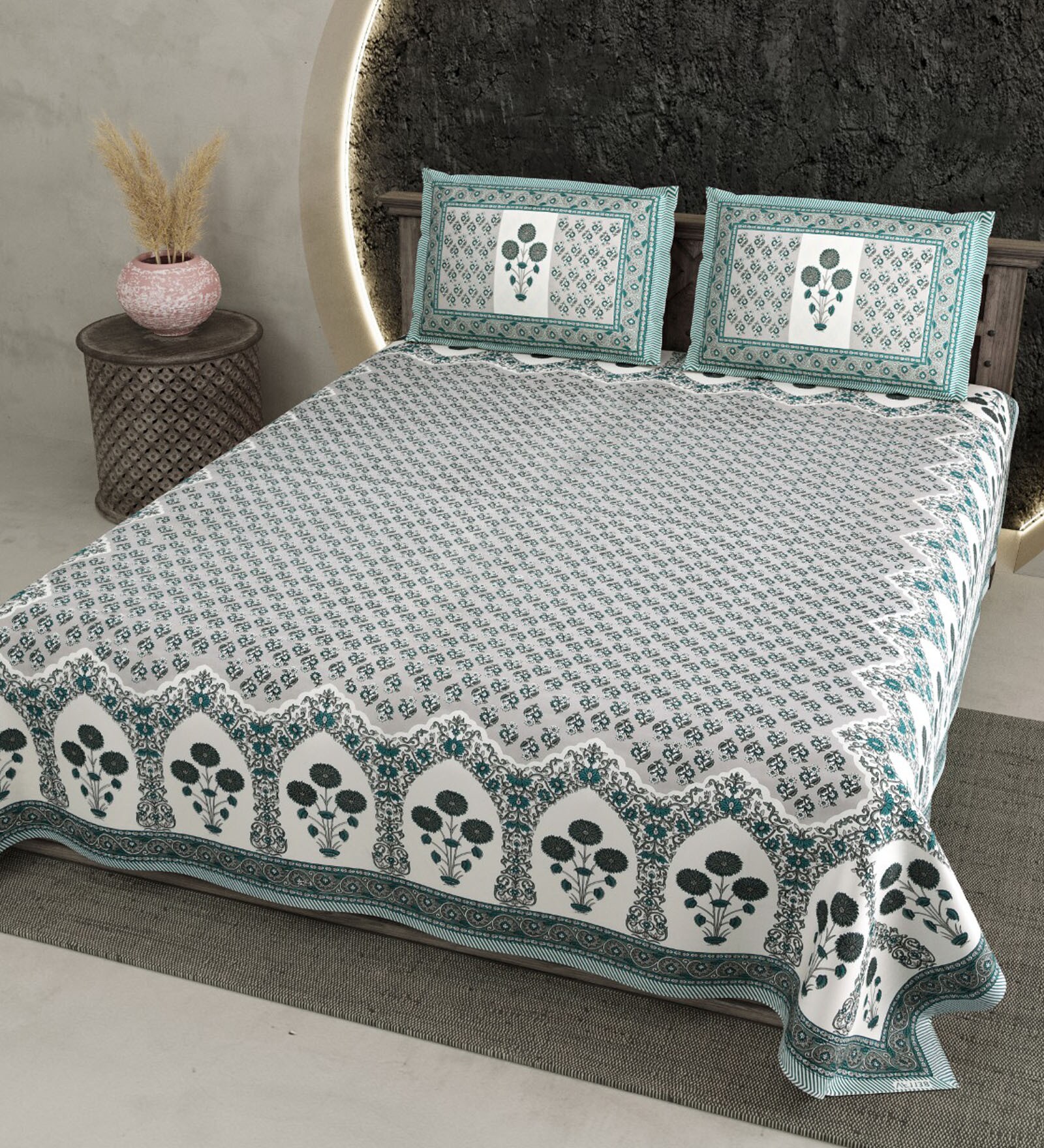 Buy Grey Traditional 210 TC Cotton King Sized Bed Sheets with 2 Pillow