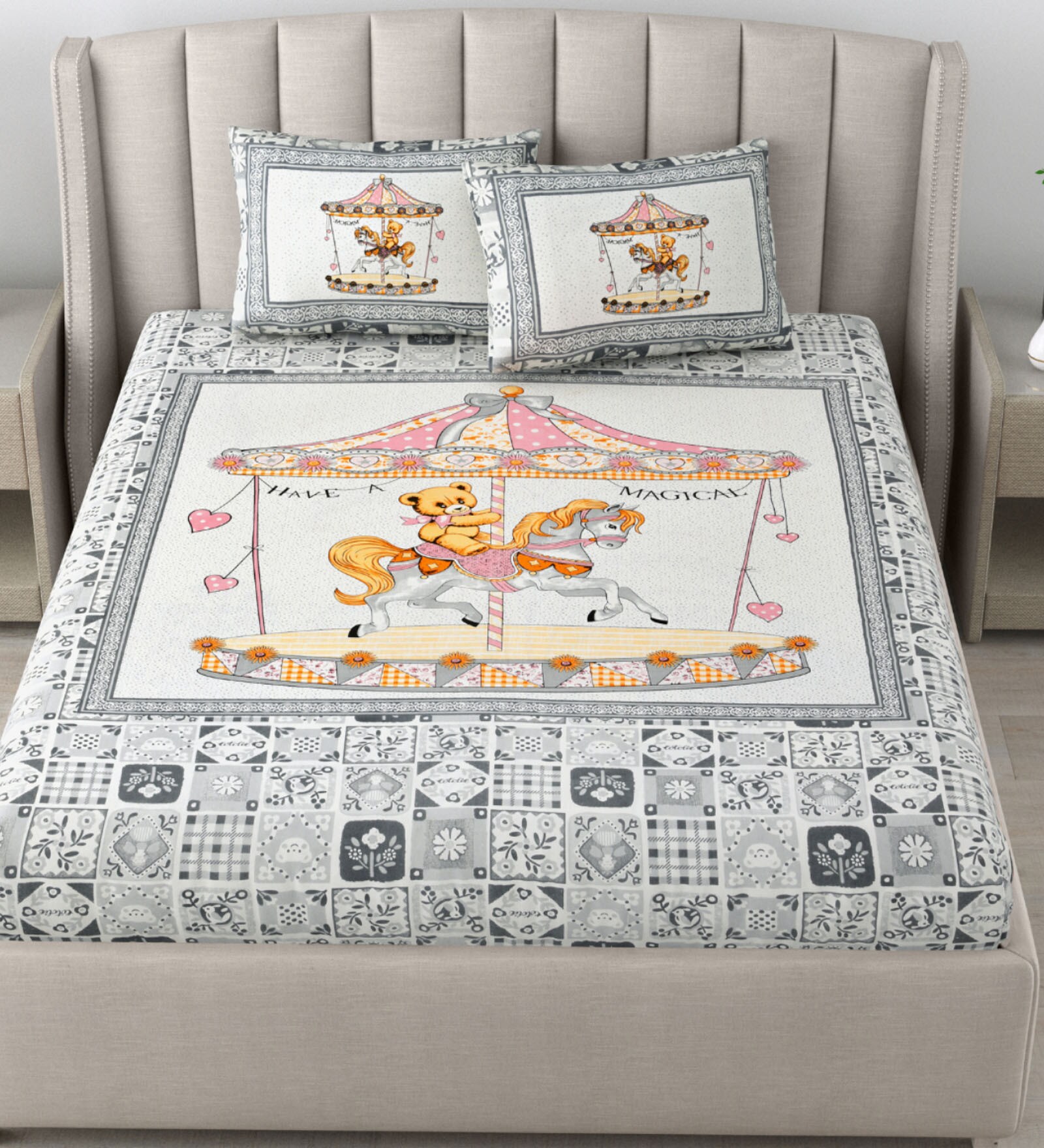 Grey Traditional 180 TC Cotton Printed Bedsheet With Two Pillow Covers For Queen Bed (Designer Printed ,Grey ,153 GSM) Grey Traditional 180 TC Cotton Printed Bedsheet With Two Pillow Covers For Queen Bed (Designer Printed ,Grey ,153 GSM)