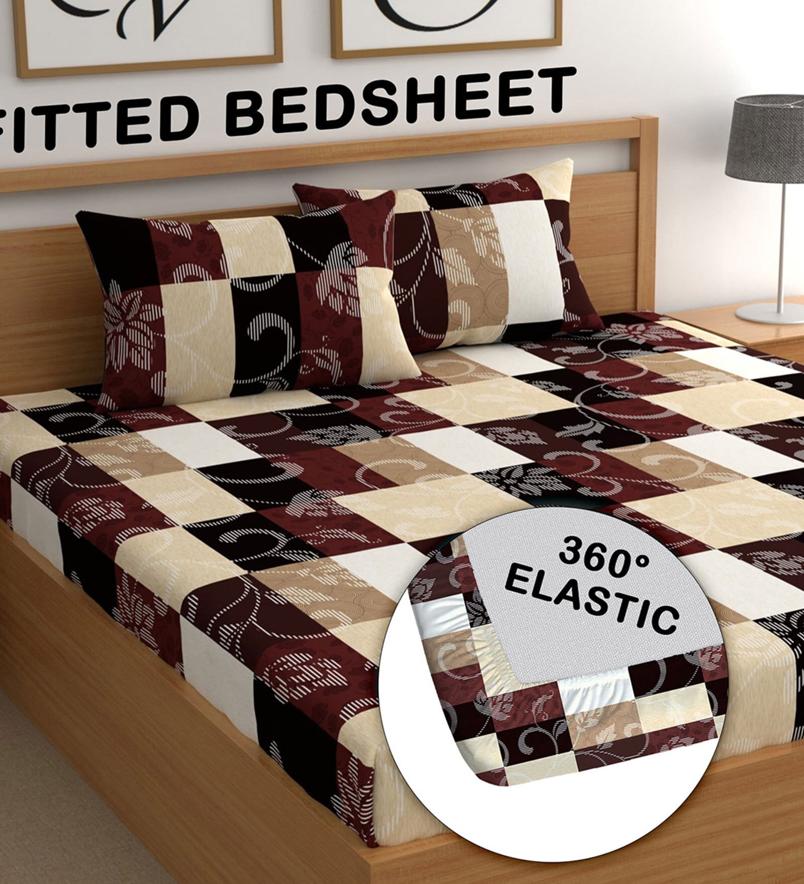 Brown and Beige Geometric 200 TC 100% Cotton Queen Size Fitted Bedsheet with 2 Pillow Covers