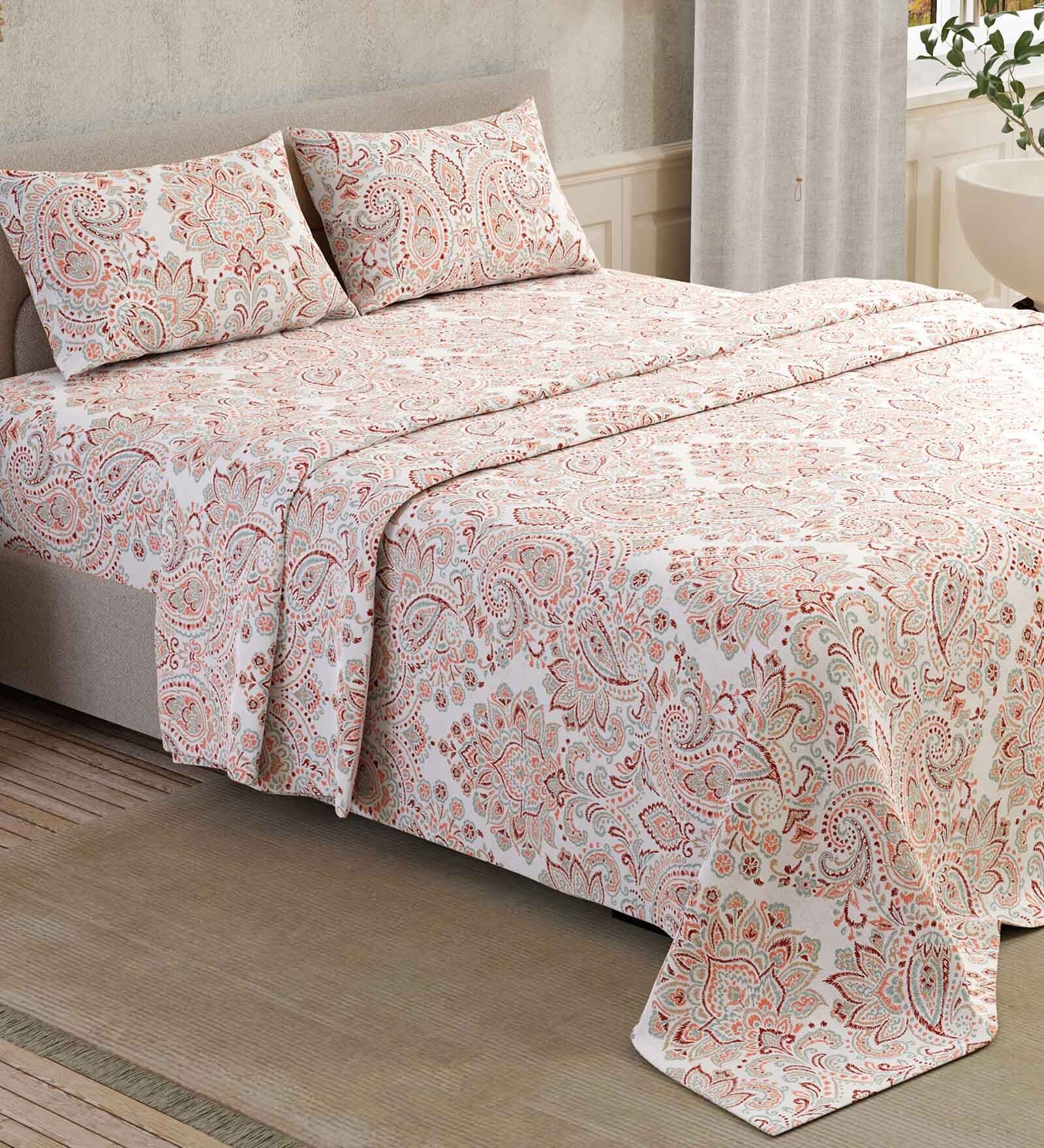 Grey & Maroon Traditional 200 TC 100% Cotton Queen Size Bed Sheets with 2 Pillow Covers Serenity  Collection