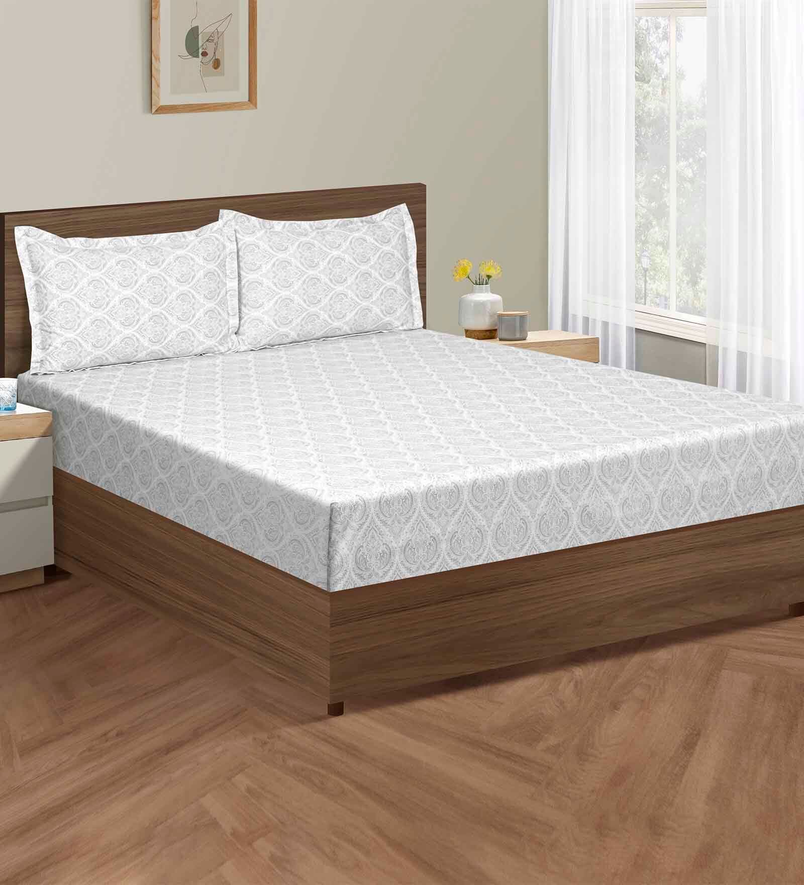 Grey Traditional 200 TC Cotton Fitted Double Bedsheet with 2 pillow cover