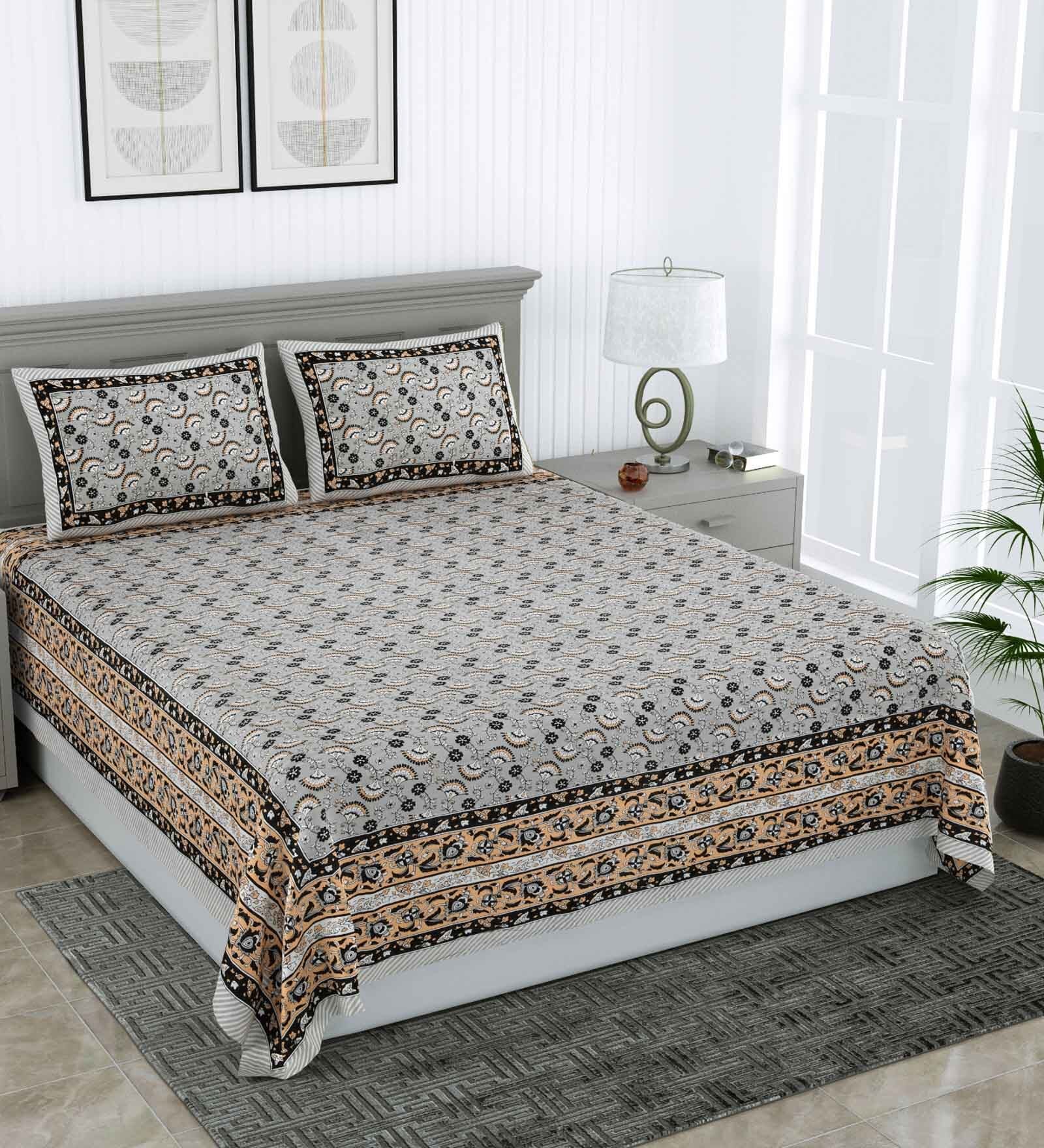 Grey Traditional 240 TC Pure Cotton King Sized Double Bedsheet with 2 Pillow Covers