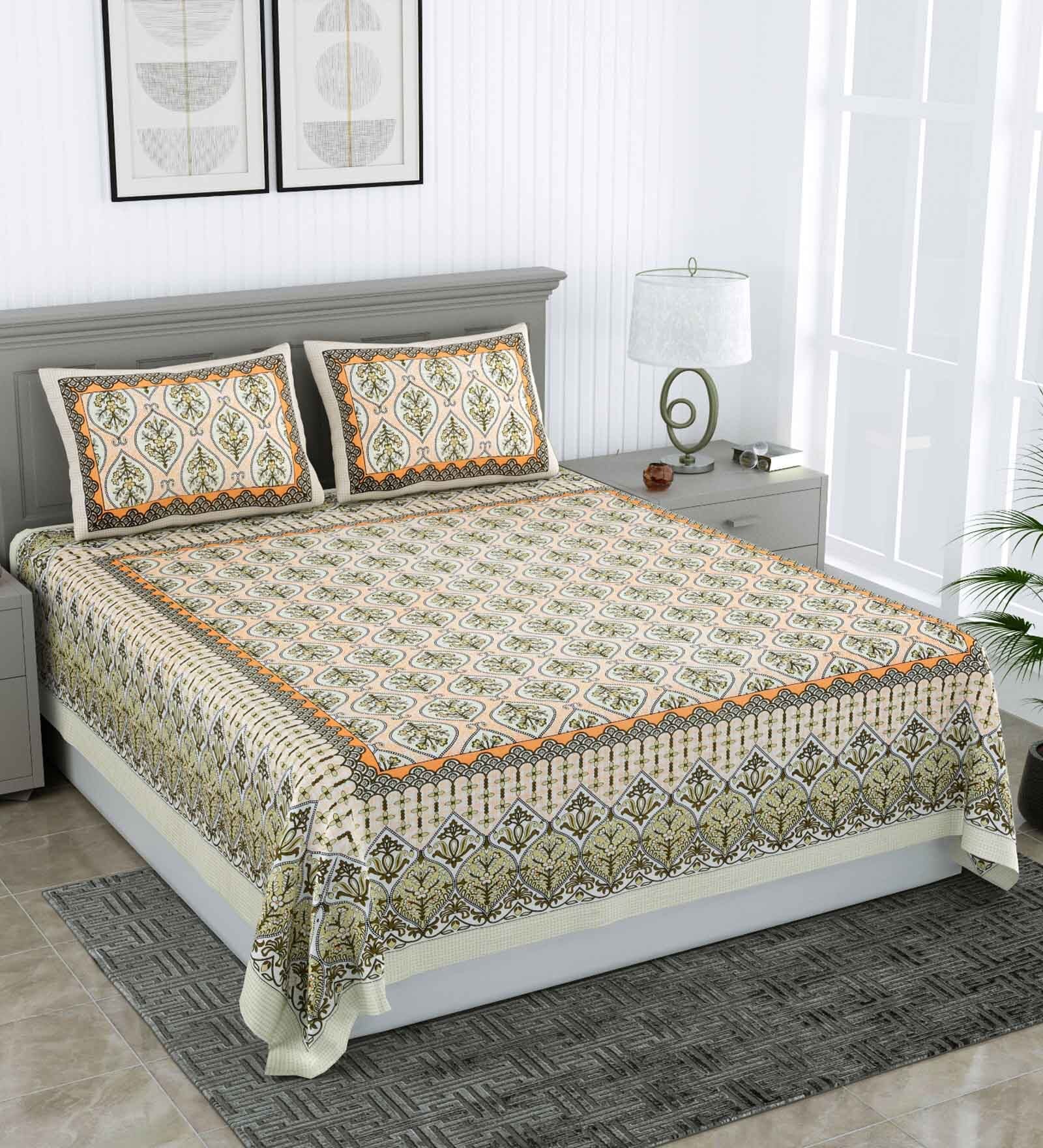 Grey Traditional 240 TC Pure Cotton King Sized Double Bedsheet with 2 Pillow Covers