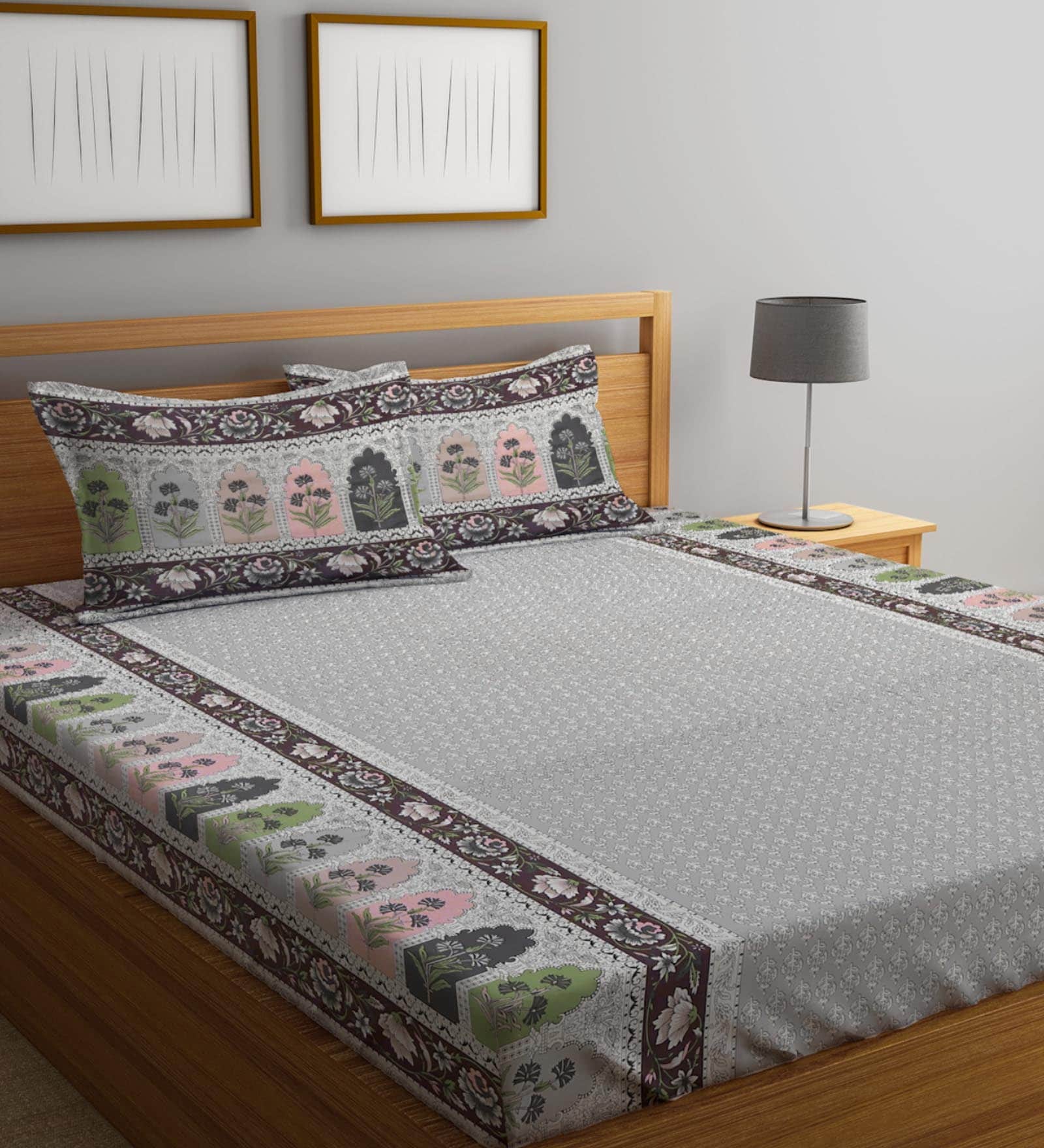 Grey Traditional 300 TC Cotton King Sized Bed Sheets with 2 Pillow Covers