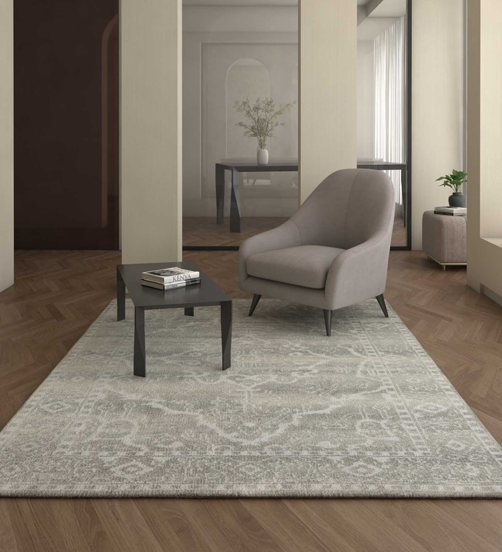 Grey Traditional Blended Wool 6 ft x 9 ft Hand Knotted Carpet