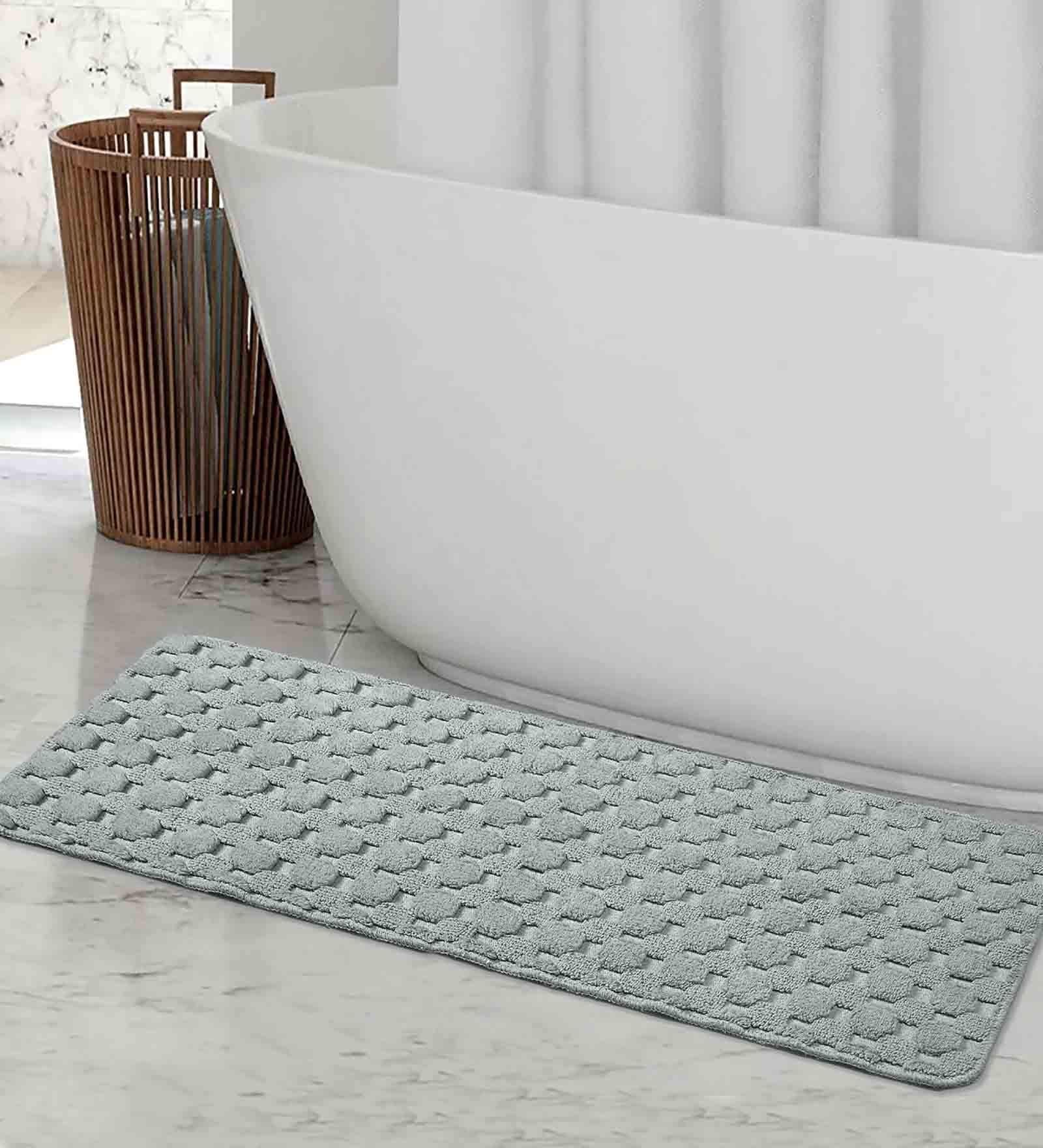 Grey Geometric Cotton 17x39 Inches AntiSkid Bath Mat