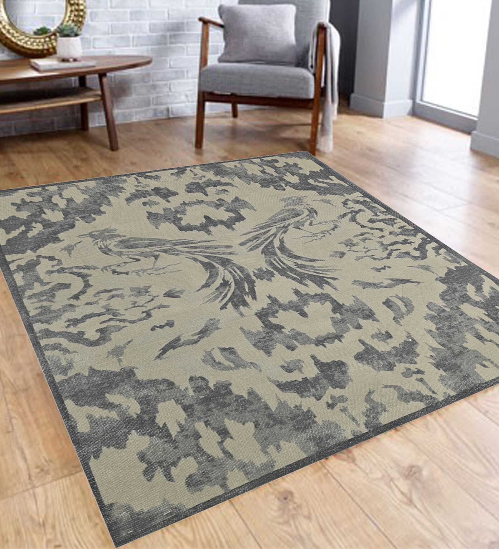 Grey Abstract Cotton 4 Ft X 6 Ft Hand Woven Hand Printed Rug