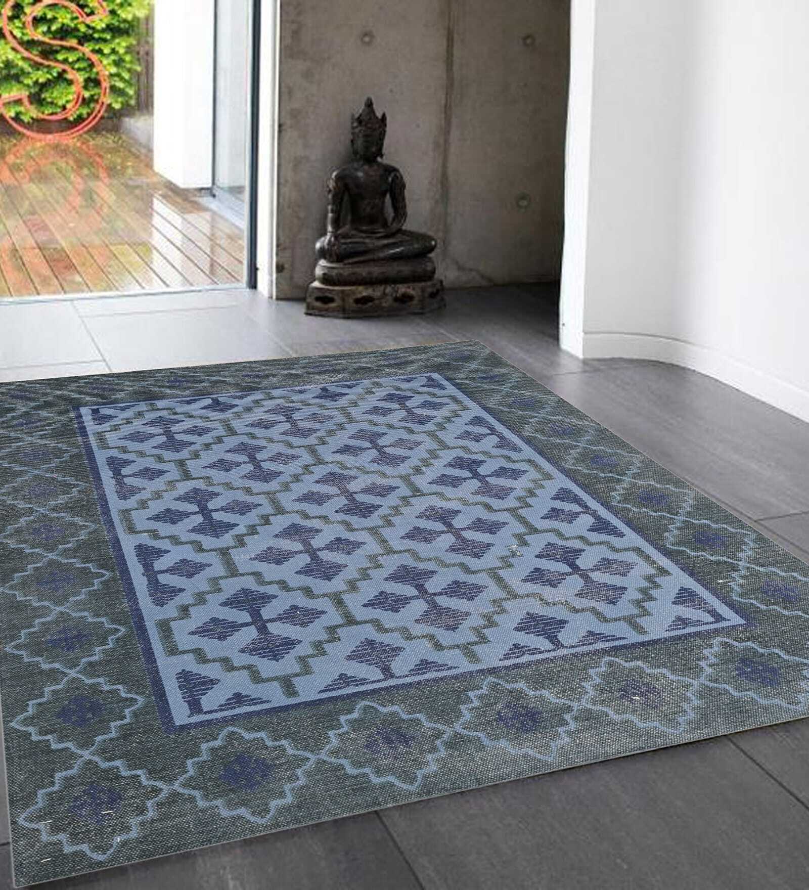Grey Geometric Cotton 4 ft X 6 ft Hand Woven Hand Printed Rug