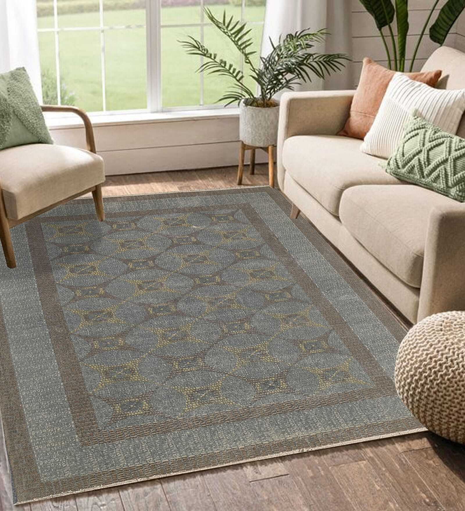 Grey Geometric Cotton 4 ft X 6 ft Hand Woven Hand Printed Rug