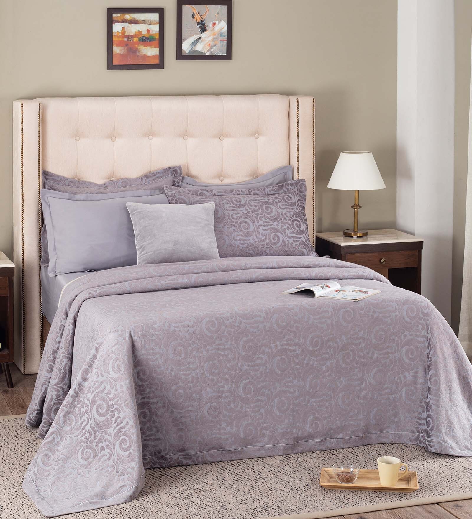Grey Traditional Cotton and Viscose 7 Pieces Double Bedding Set Grandeur Collection