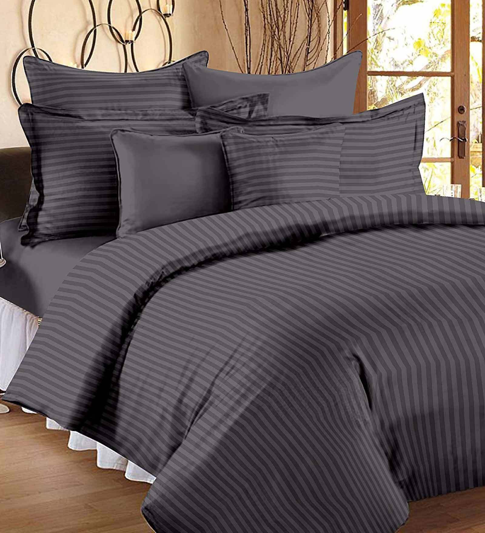 Grey Striped 300 TC Cotton Blend Queen Sized Bed Sheets with 2 Pillow Covers