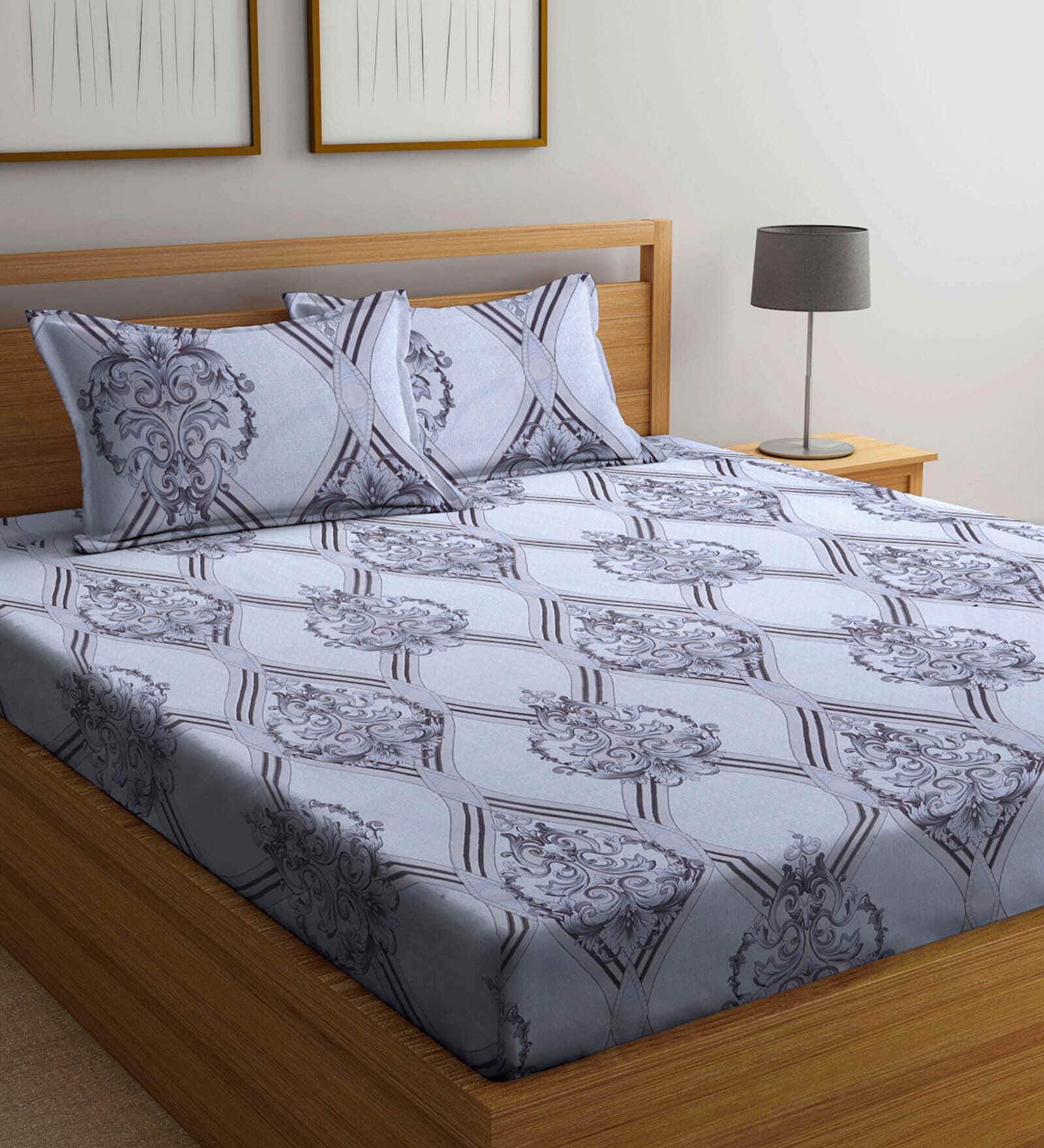 Grey Traditional 300 TC Cotton Blend King Sized Bed Sheets with 2 Pillow Covers