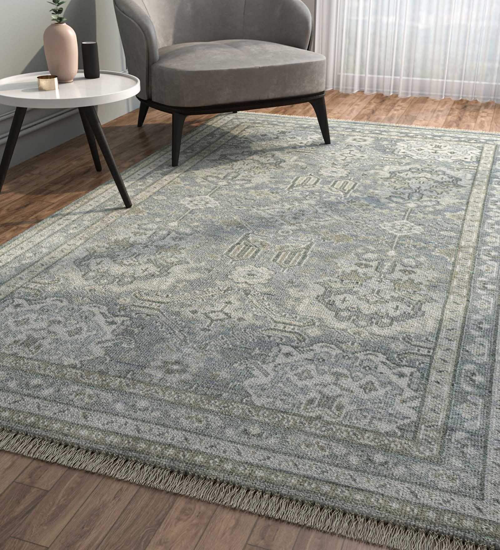 Grey Traditional Wool 6 ft x 9 ft Hand Knotted Carpet