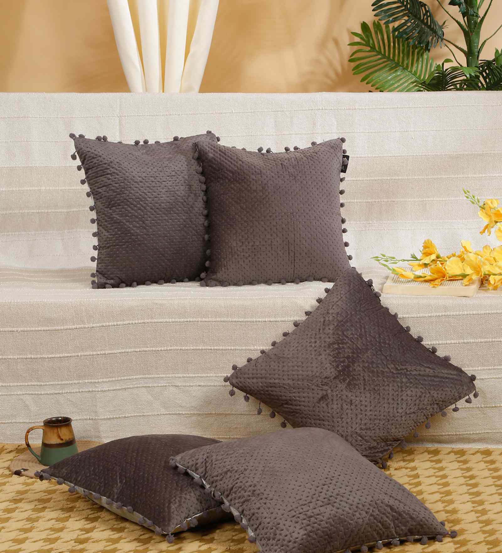 Grey Velvet Abstract 16X16 Inches Cushion Covers (Pack of 5)