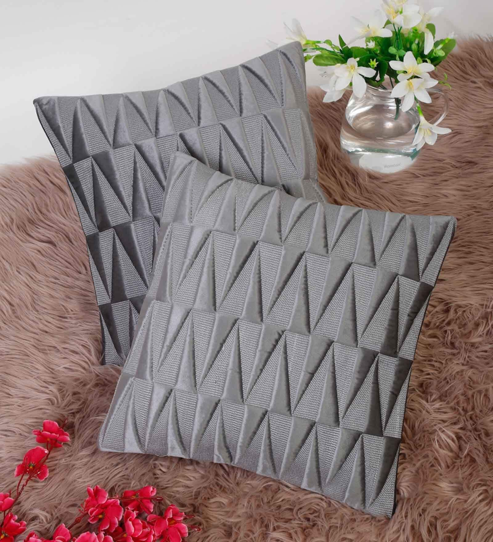 Grey Textured Geometric Velvet 16 x 16 Inches Cushion Covers (Set of 2)