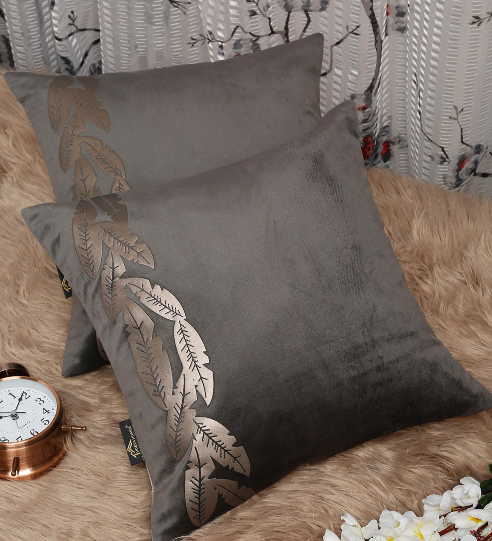 Grey Floral Leaf Velvet 16 x 16 Inches Cushion Covers (Set of 2)