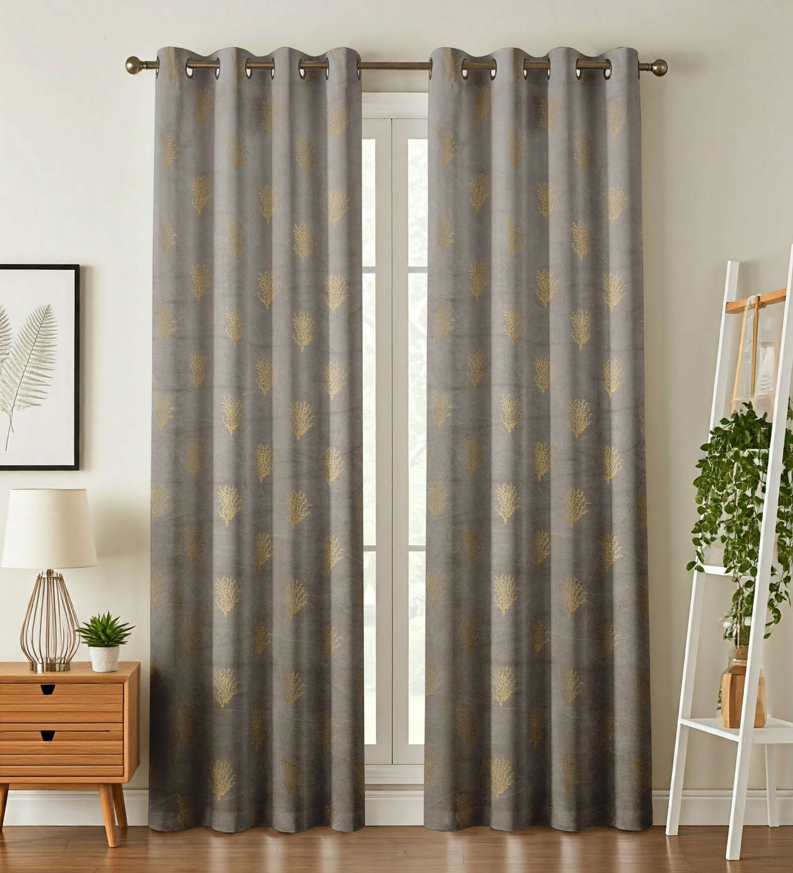 Grey Velvet Coral Branch Print  5 Foot Ring Top Window Curtains Set Of 2
