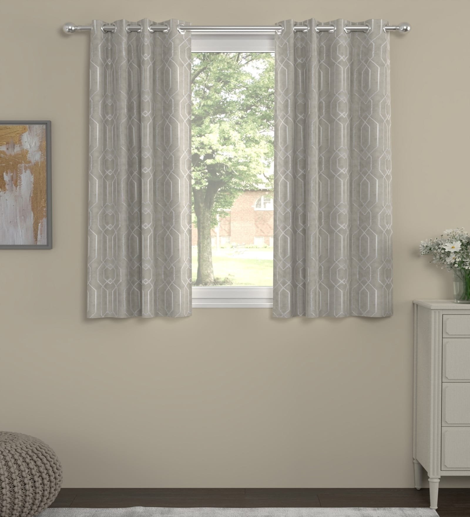 Grey Velvet foil print 5ft Regular Eyelet Window Curtains (2 Pc)