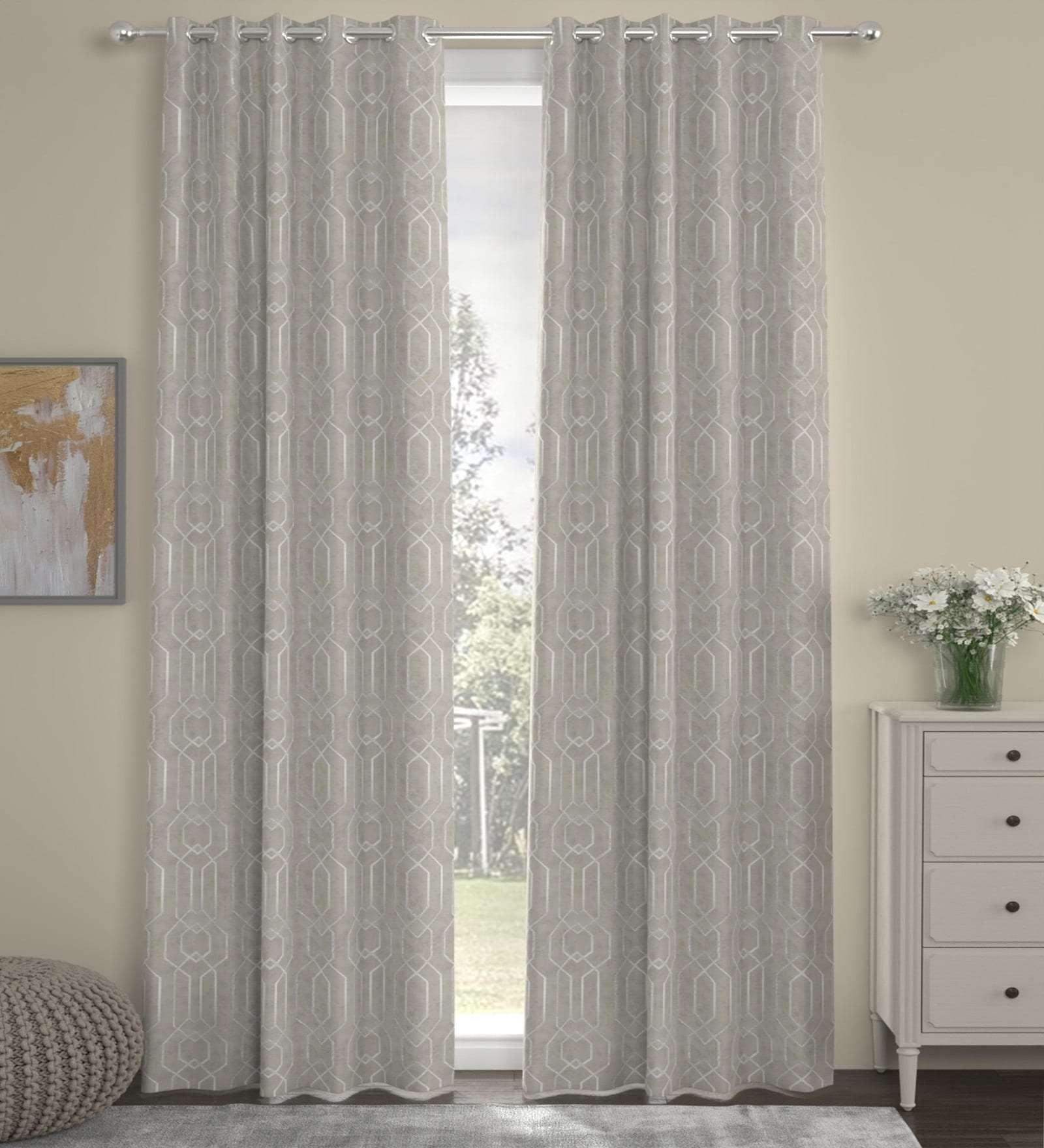 Grey Velvet foil print 9ft Regular Eyelet Long Door Curtains (2 Pc)