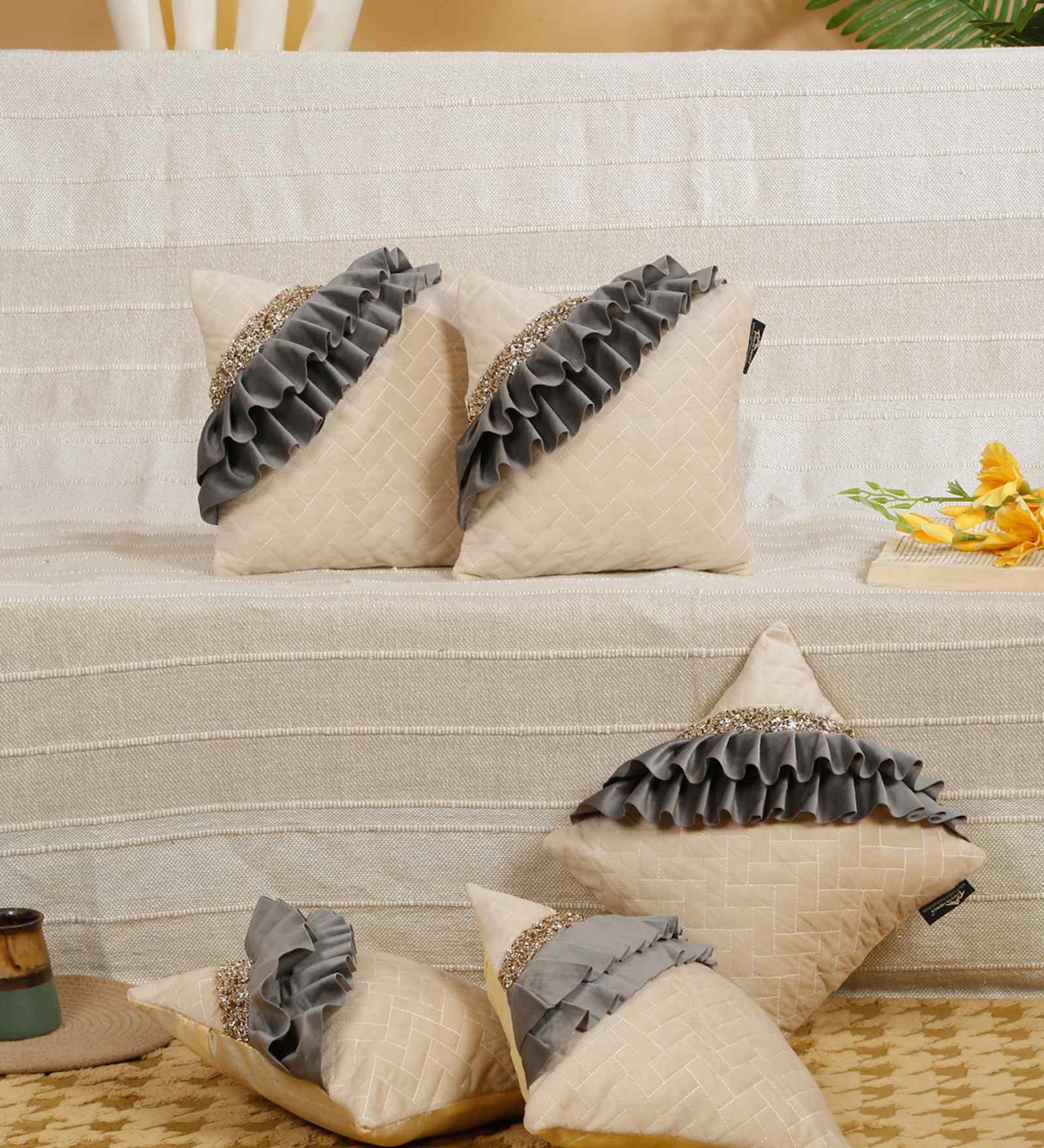 Grey Velvet Geometric 12X12 Inches Cushion Covers (Pack of 5)