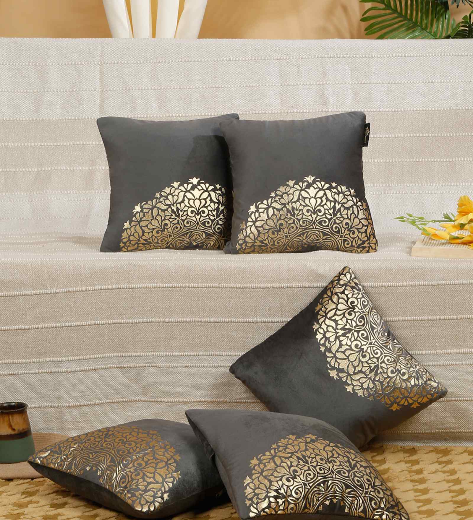 Grey Velvet Geometric 12X12 Inches Cushion Covers (Pack of 5)