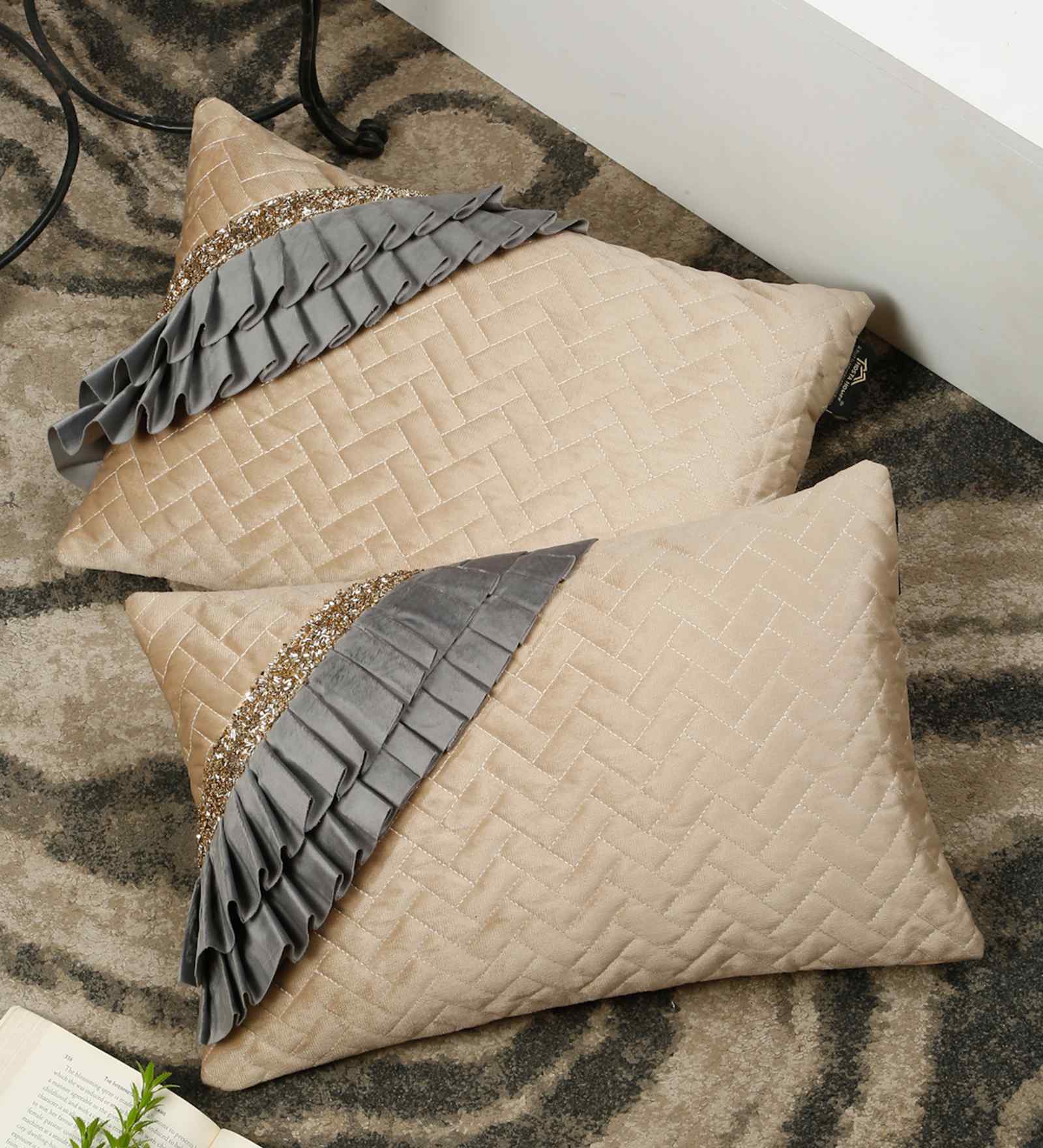 Grey Velvet Textured 12X18 Inches Cushion Covers (Pack of 2)
