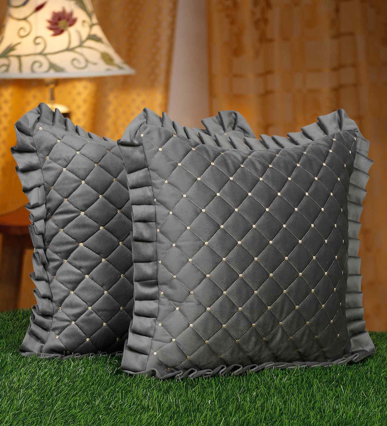 Grey Velvet Geometric 16X16 Inches Cushion Covers (Pack of 2)