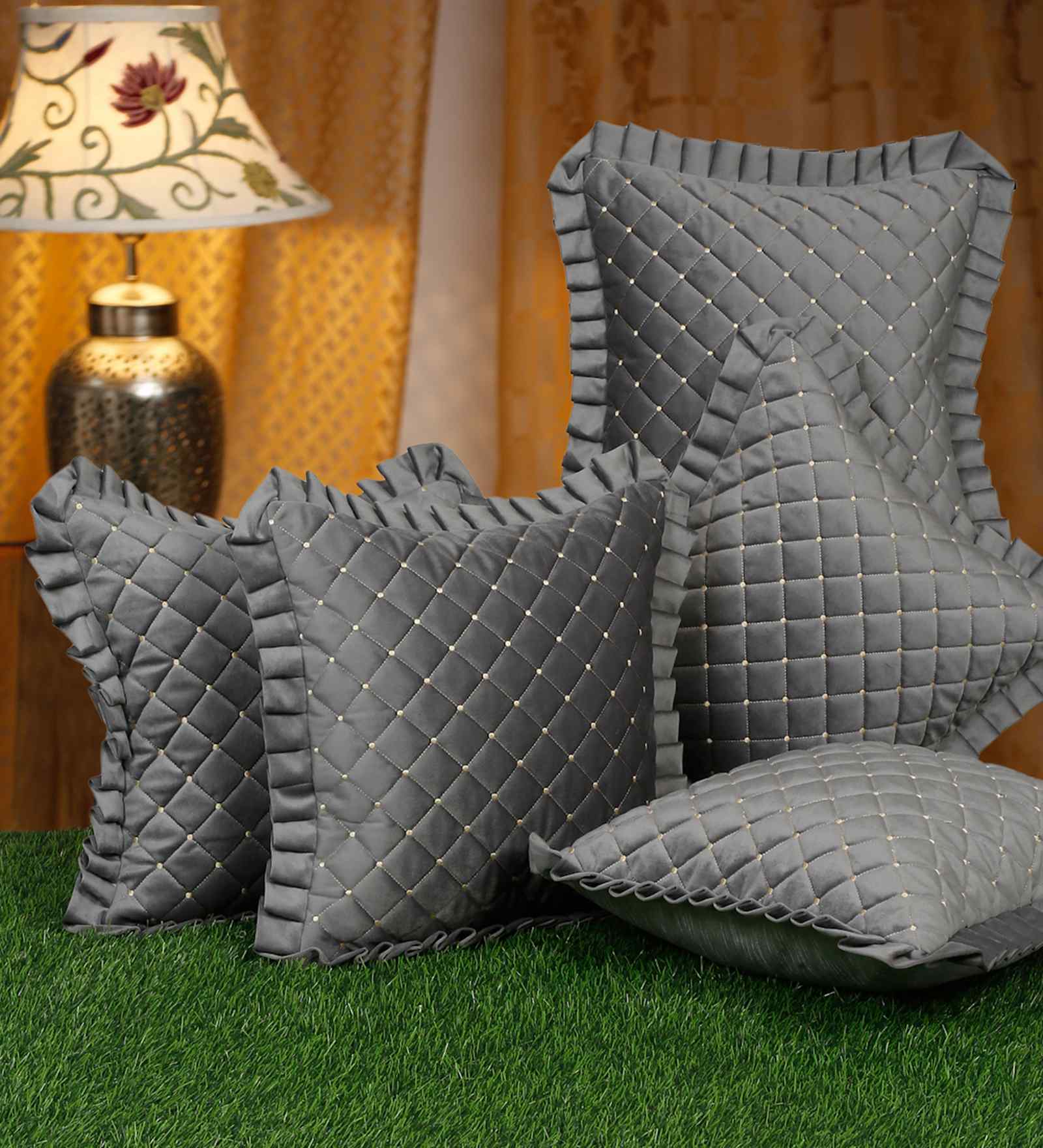 Grey Velvet Geometric 16X16 Inches Cushion Covers (Pack of 5)