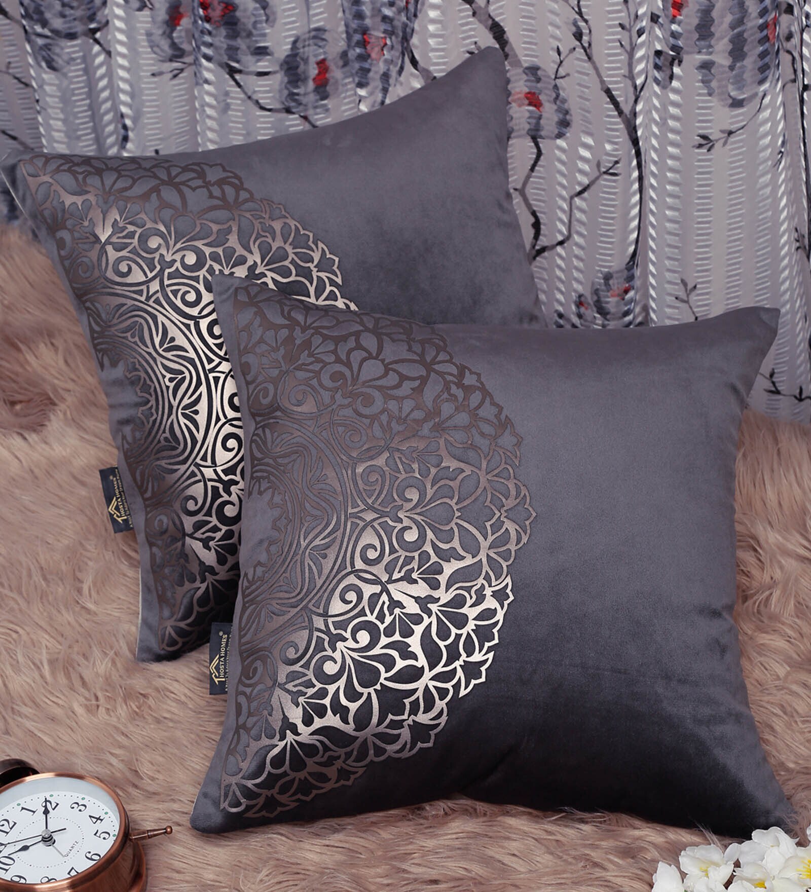 Grey Traditional Velvet 16 x 16 Inches Cushion Covers (Set of 2)