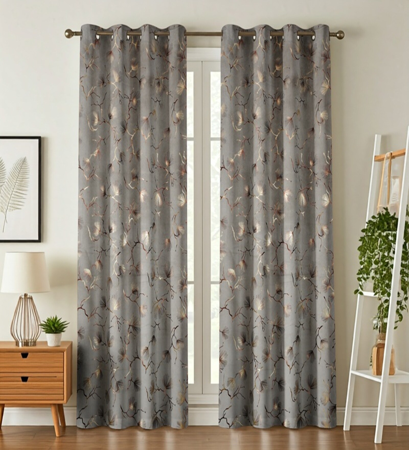 Grey Velvet Leaf Print 7Ft Ring Top Door Curtain Pack of 1