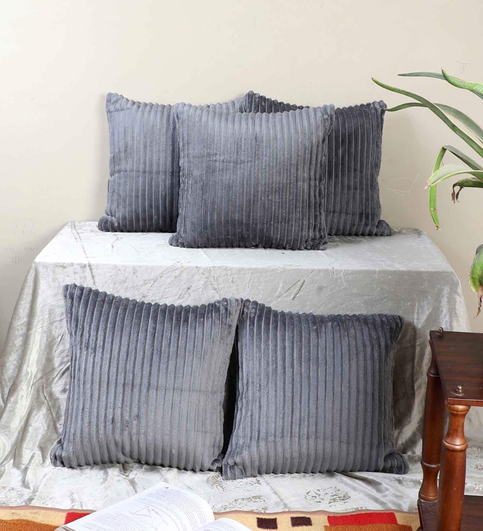 Grey Velvet Striped 16x16 inches Cushion Covers (Pack of 5)