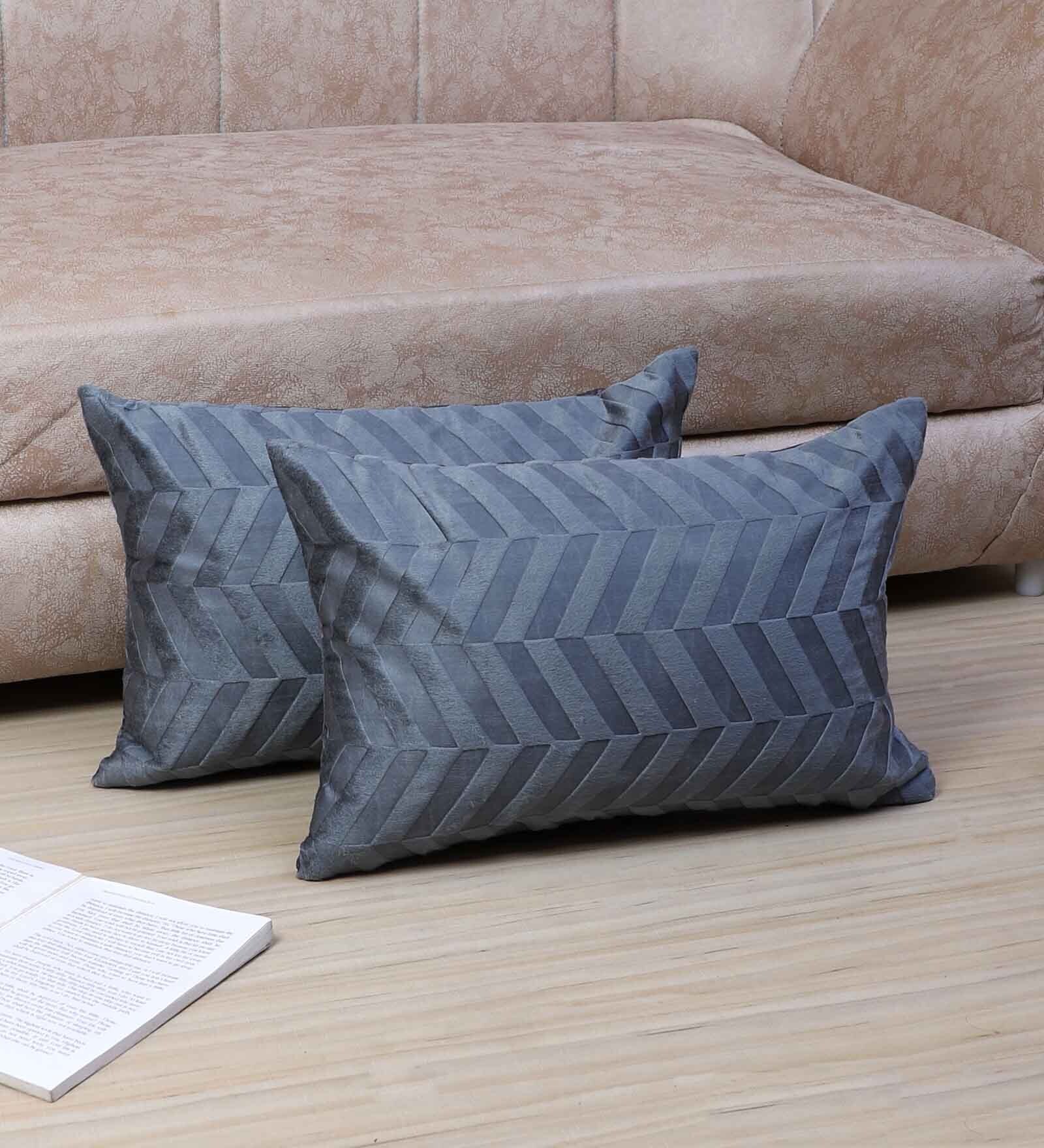Grey Velvet Striped 18x12 inches Cushion Covers (Pack of 2)