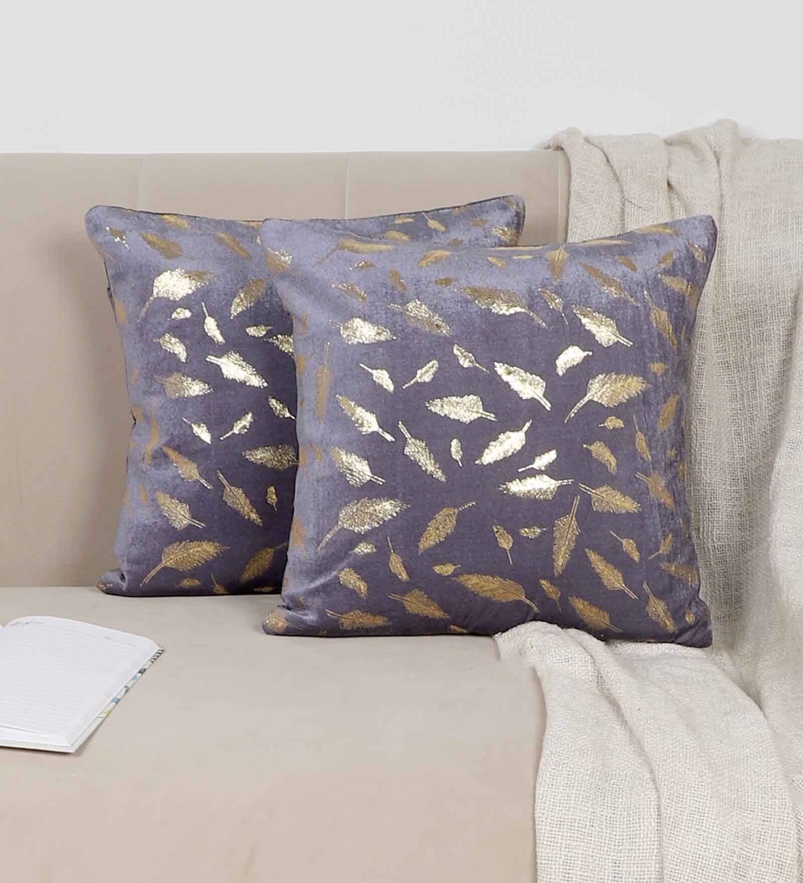 Grey Velvet Traditional 16x16 inches Cushion Covers (Pack of 2)