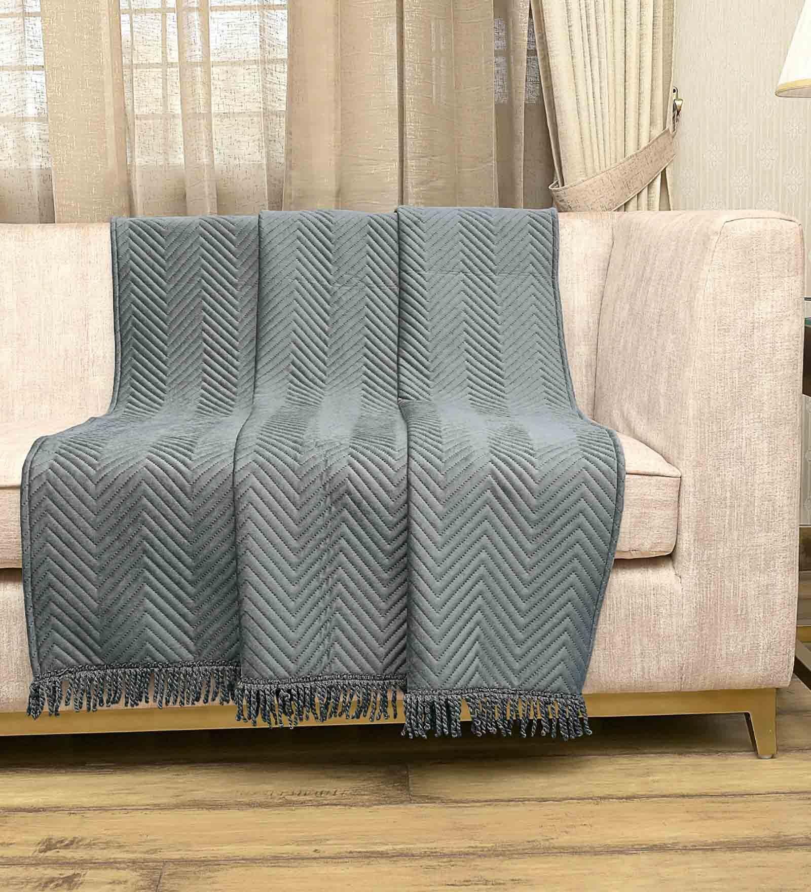 Grey Velvet Zig Zag 55x63 Inches Sofa Throw