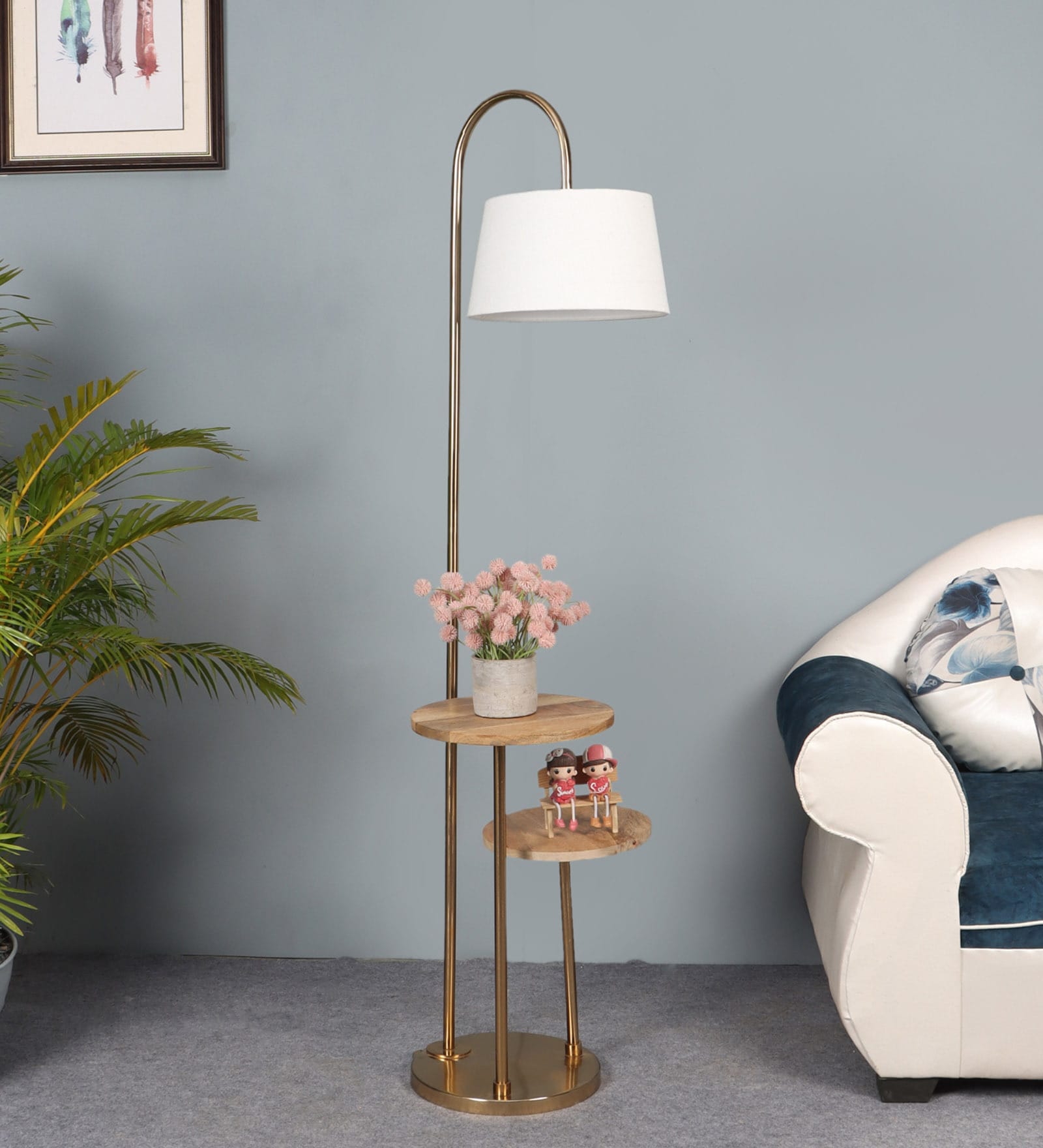 CPL Grey Cloth Shade Shelf Floor Lamp With Iron & Glass Base