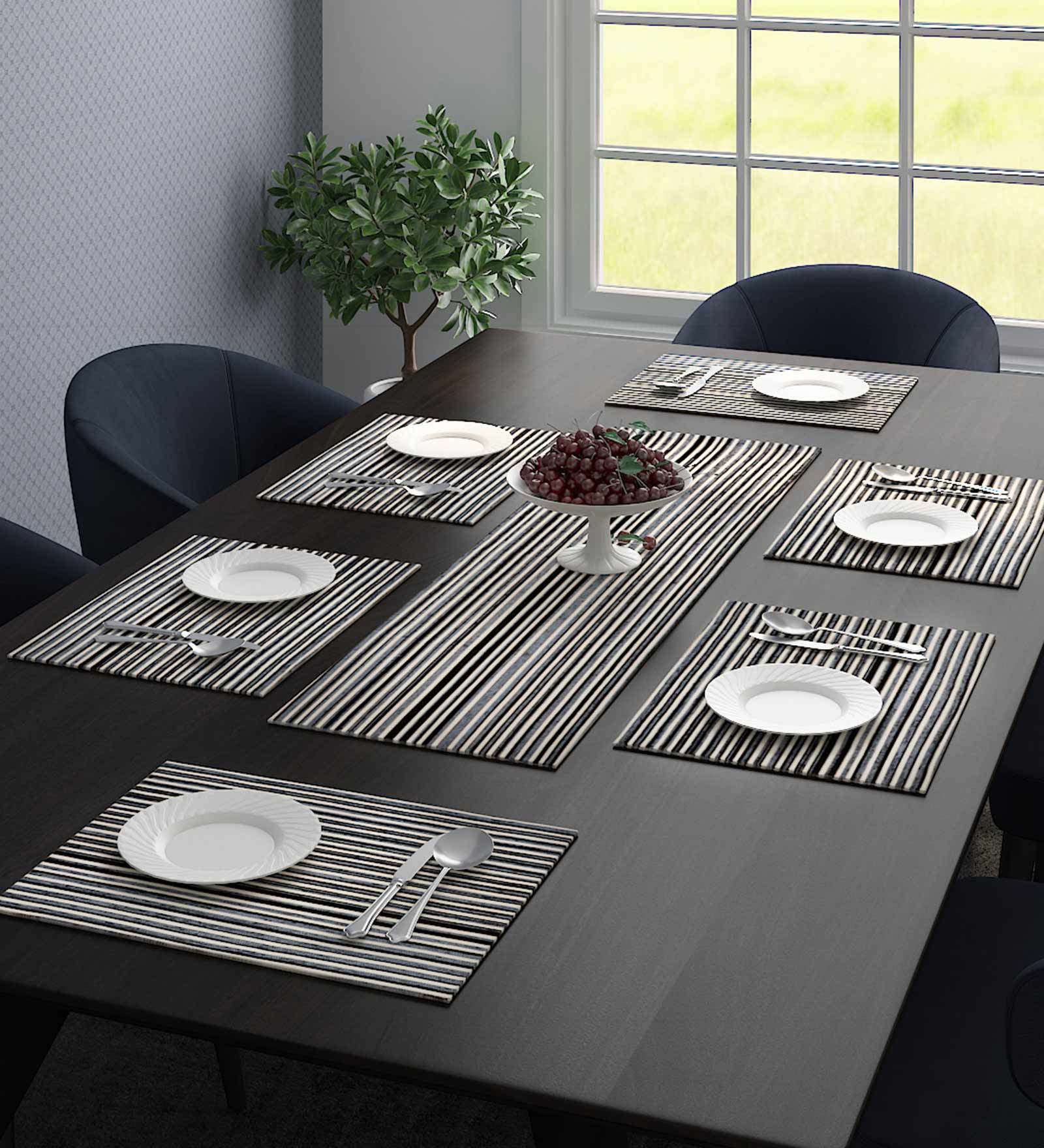 Geometric Stripped (18x13) Black & White Polyester (Set of 7) Table Linen Set