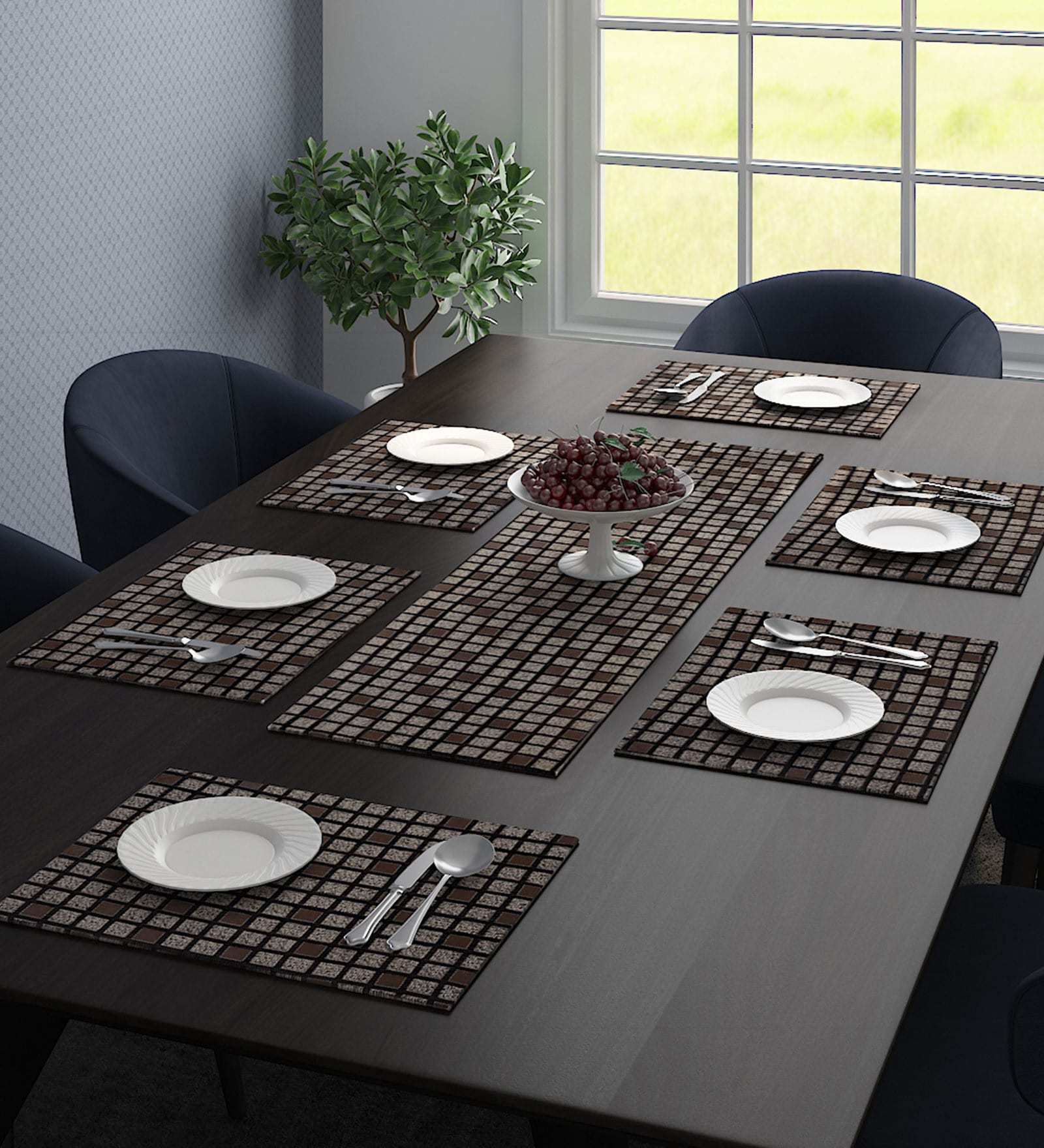 Dennis (18x13) Grey Polyester (Set of 7) Table Linen Set