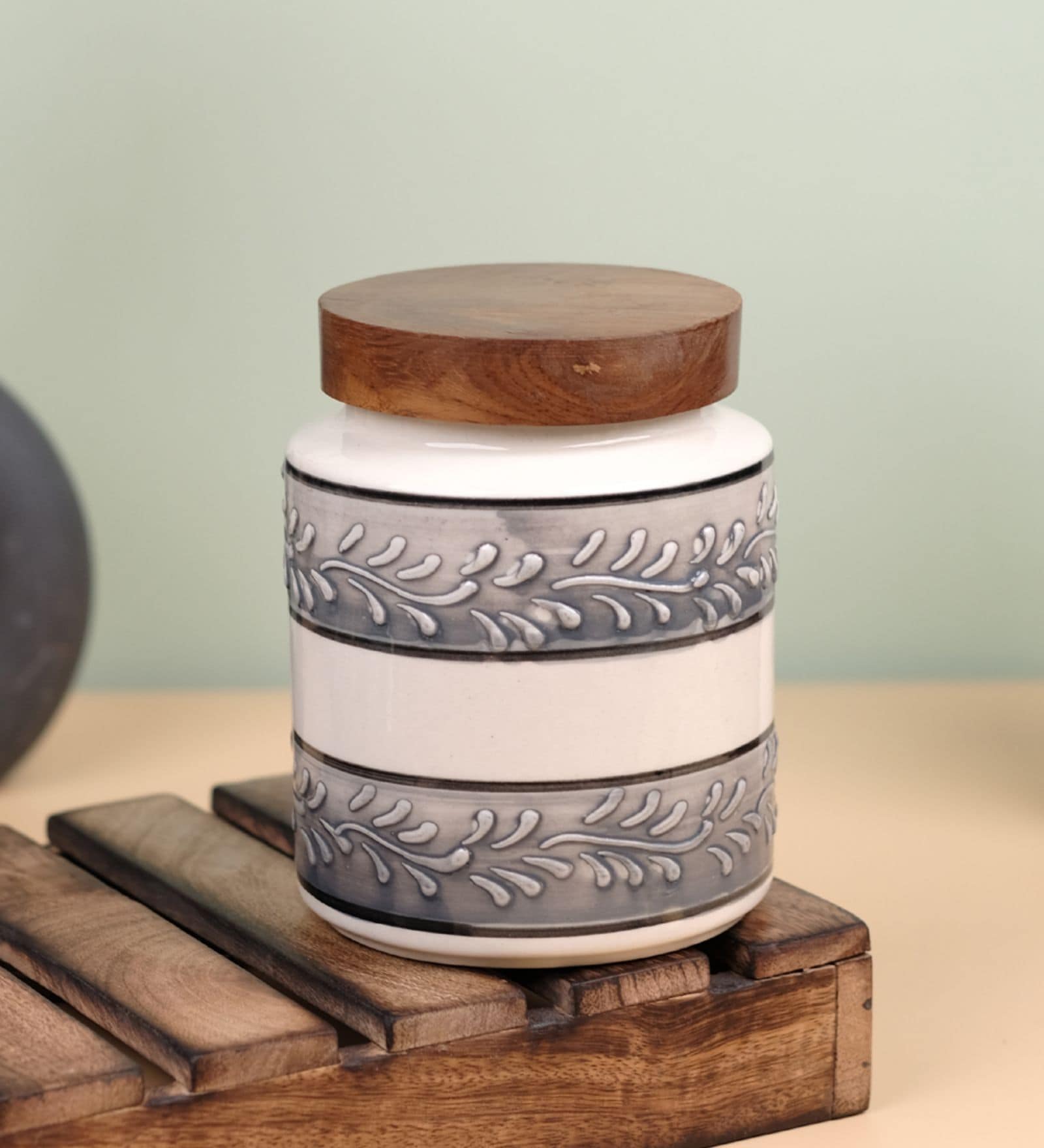 Grey White Embossed Ceramic Air Tight Jar with Wooden Lid