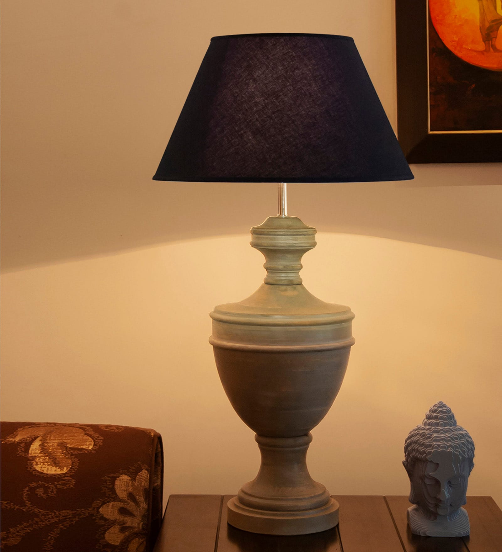 Black Fabric Shade Table Lamp with Beige Base