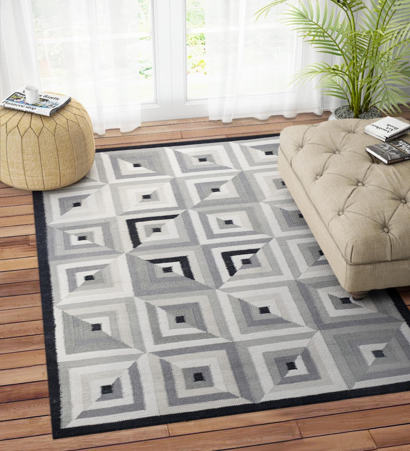 Grey Wool Geometric 72 x 48 Inches Hand Woven Dhurrie
