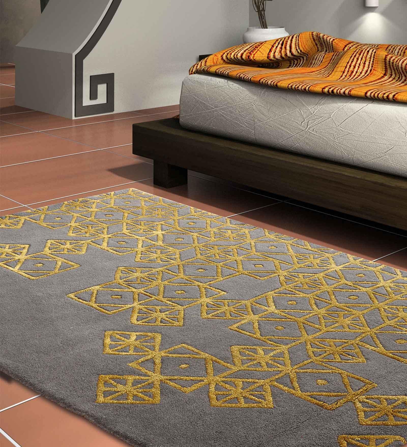Buy Grey Wool And Art Silk Geometric 5 x 7 Feet Hand Tufted Carpet